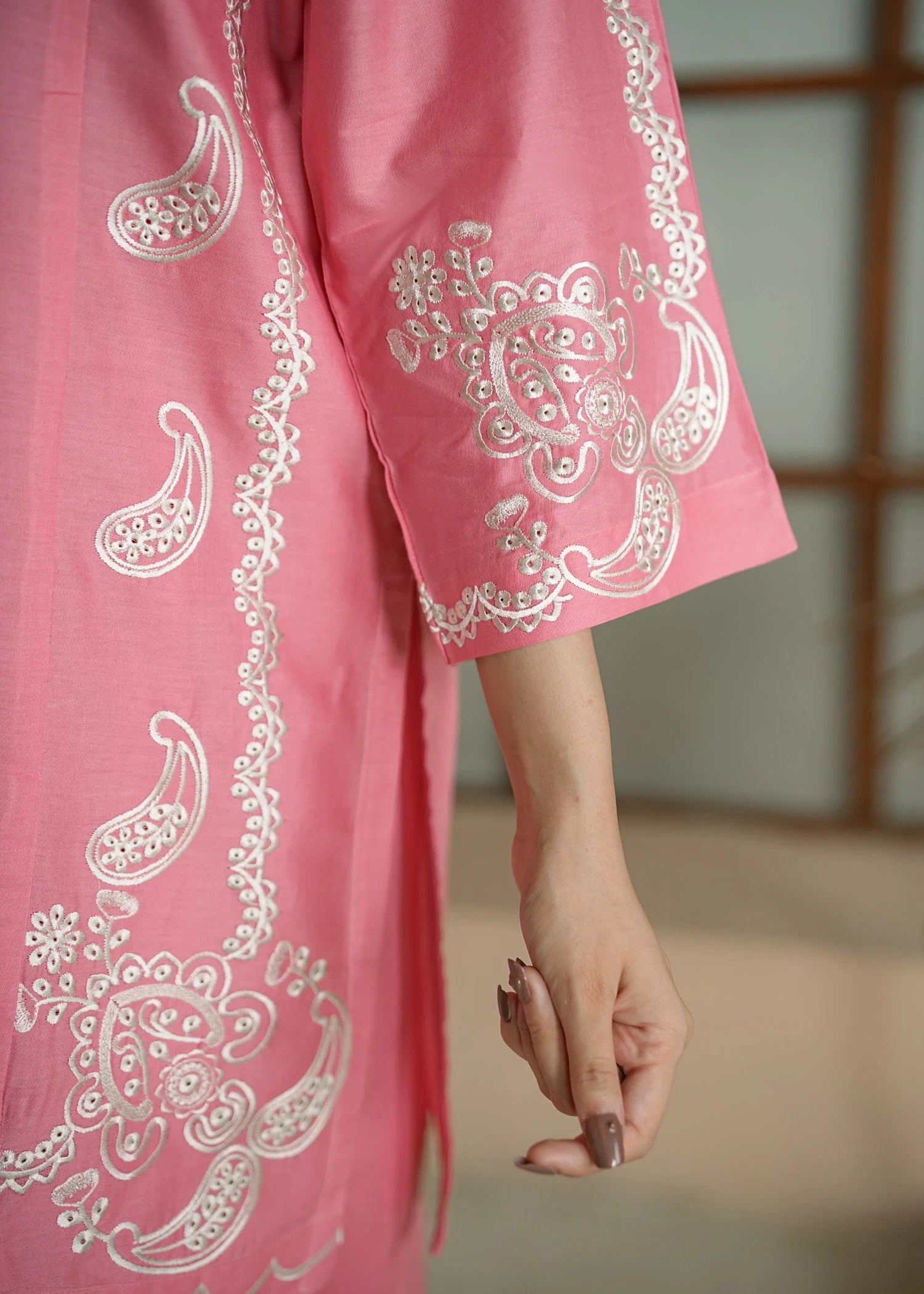 lawn cotton Kurta Set in Salmon pink