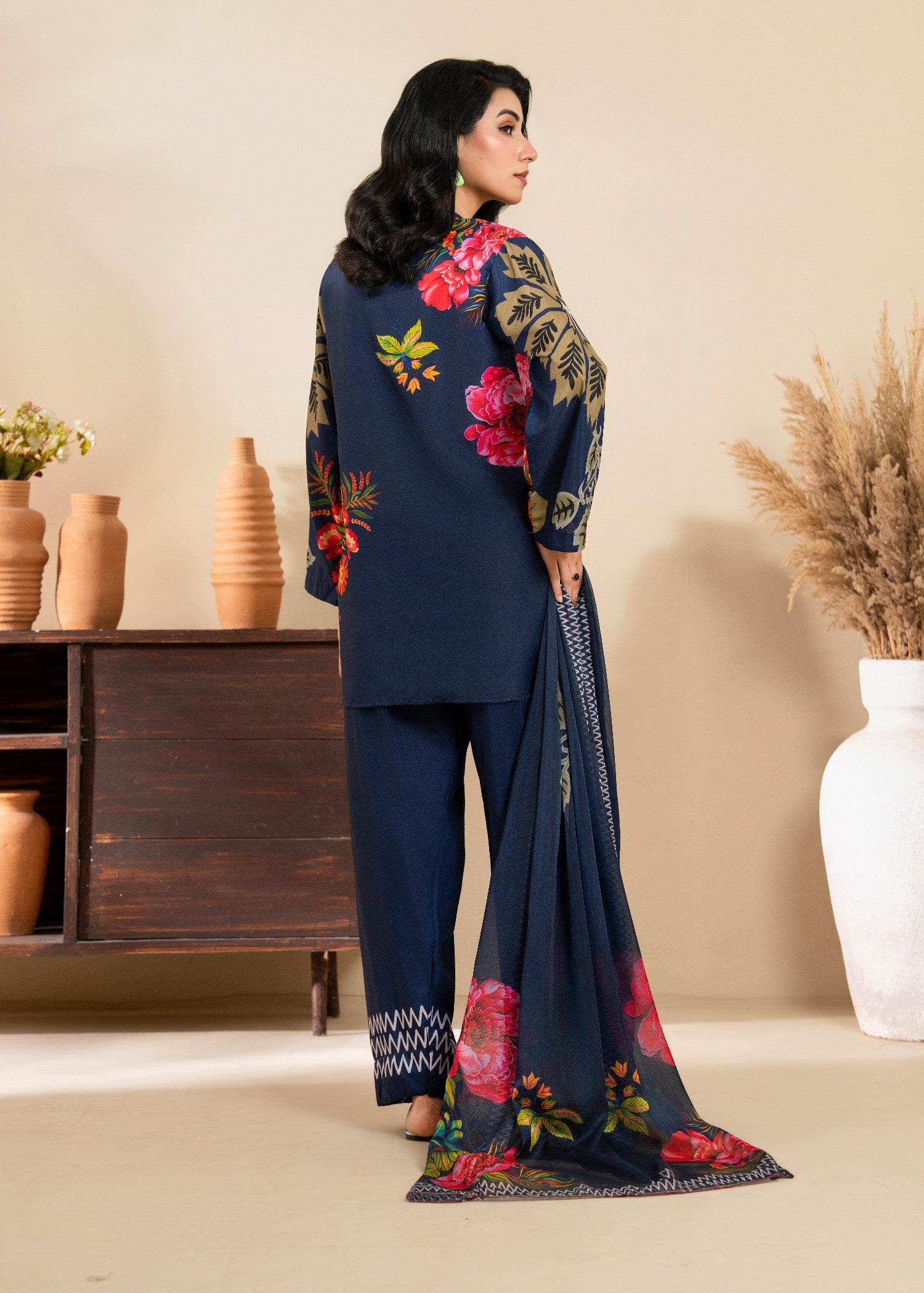 poly lawn Kurta Set in Prussian blue