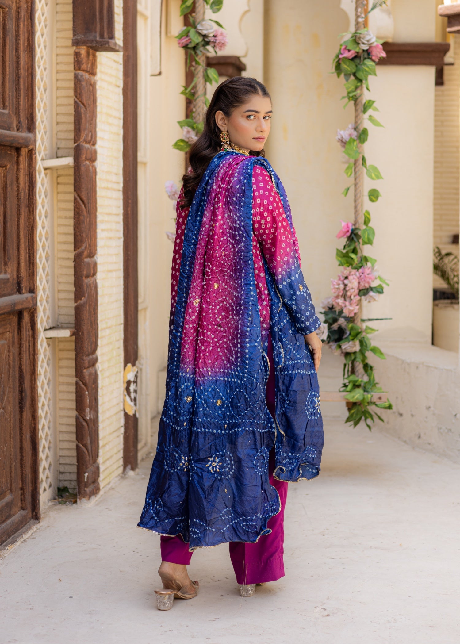 silk crepe Kurta Set in Indigo, magenta haze