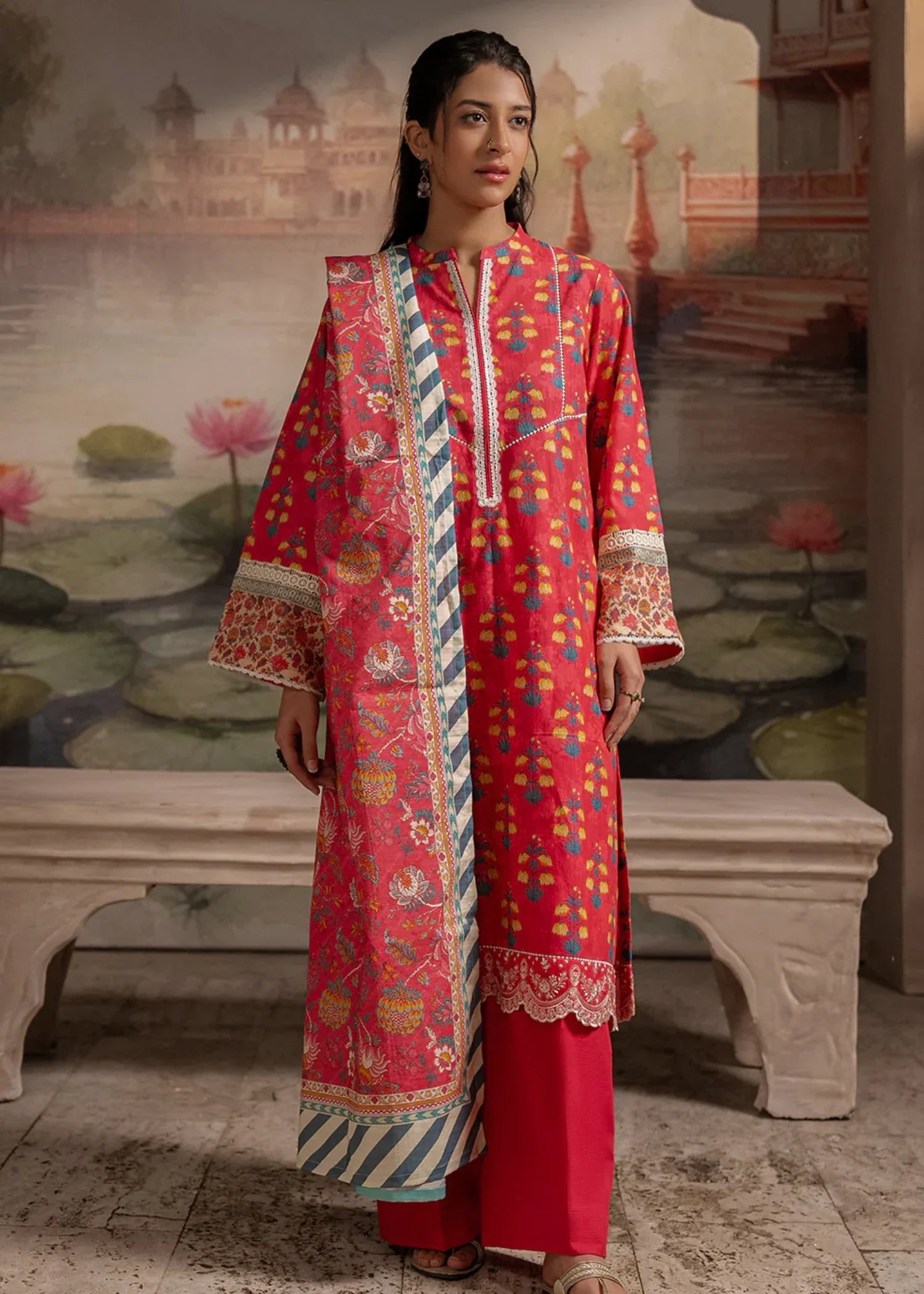 khaddar Unstitched in Coral red