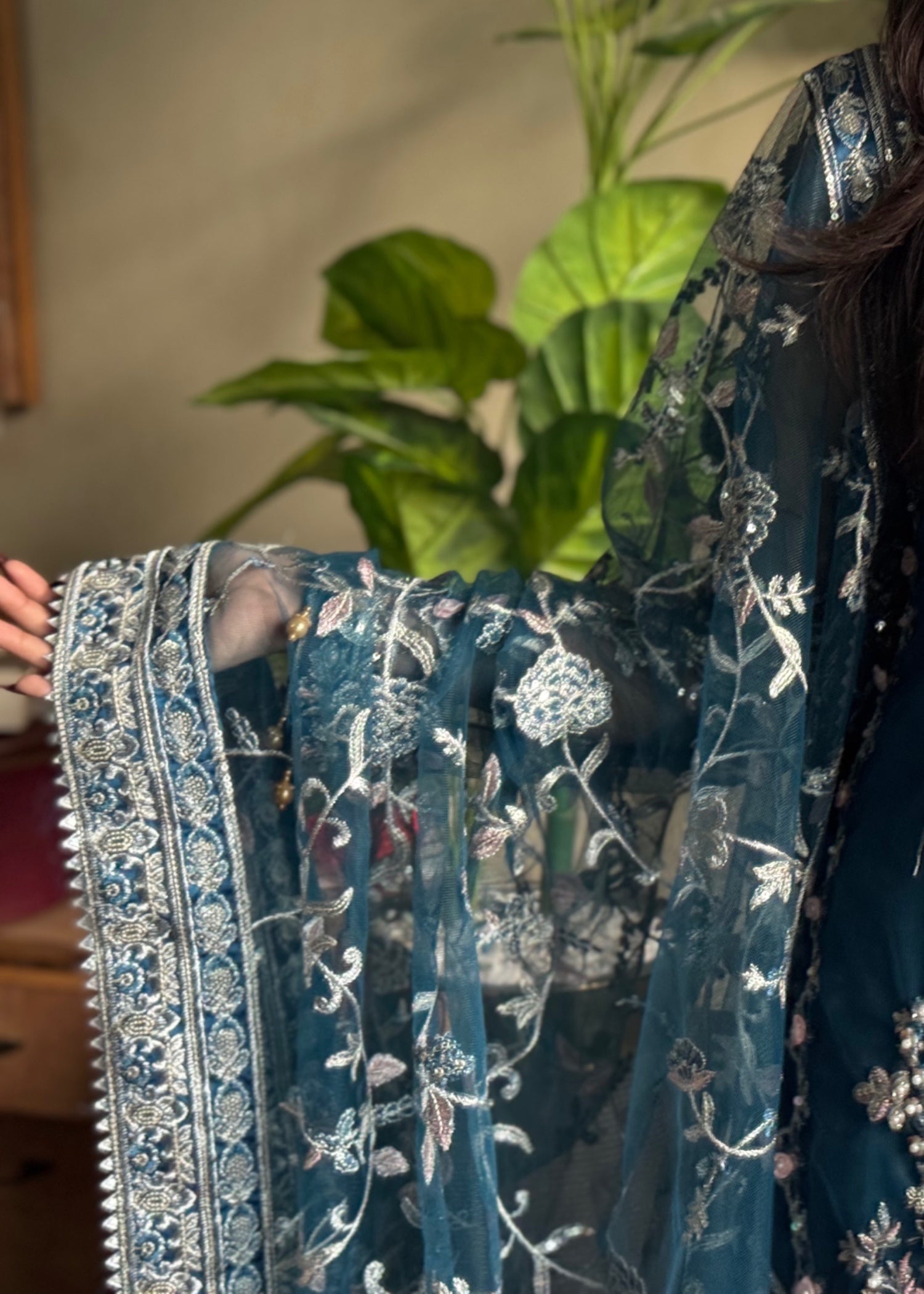 net Kurta Set in Teal