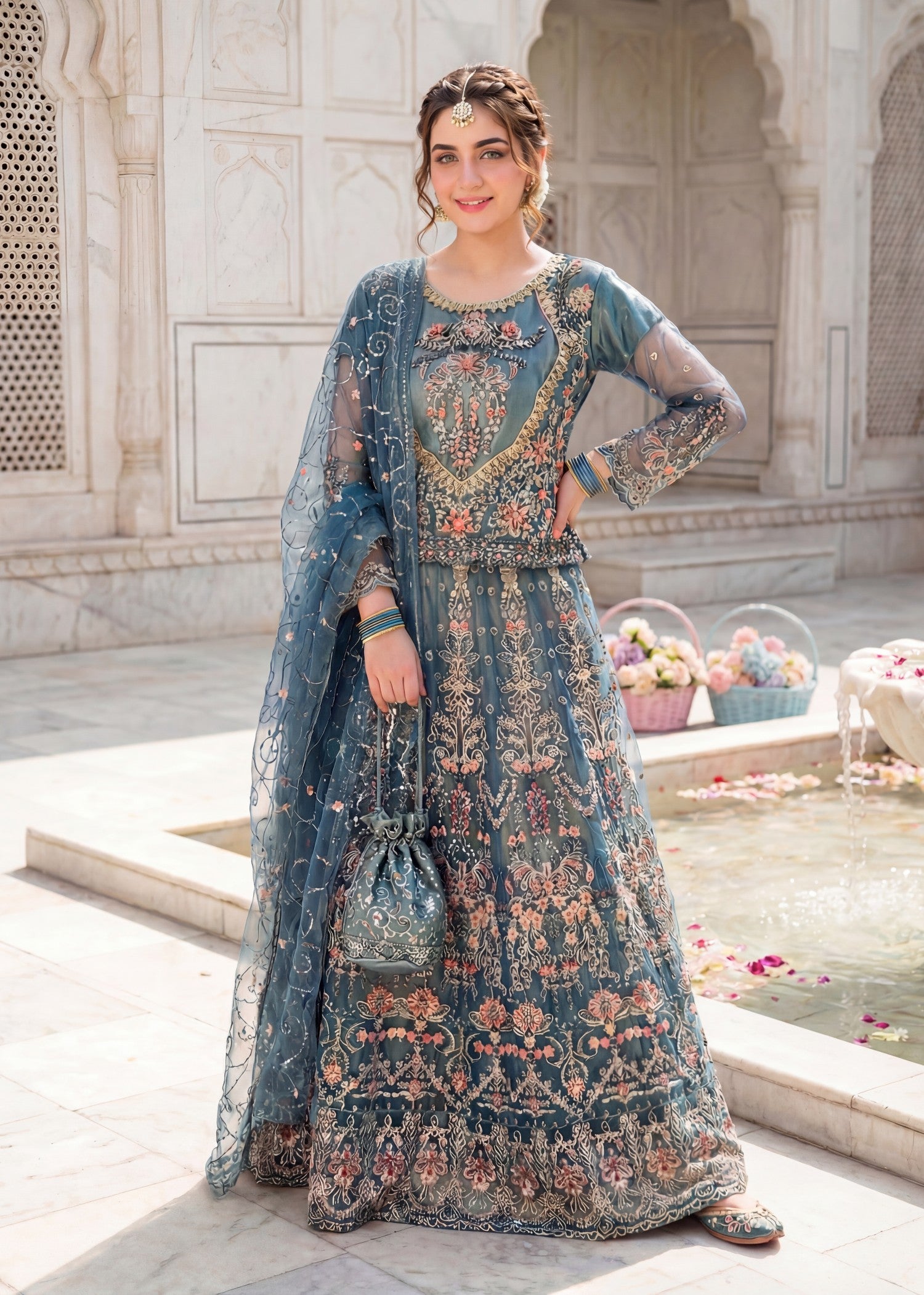 net Lehenga in Steel blue