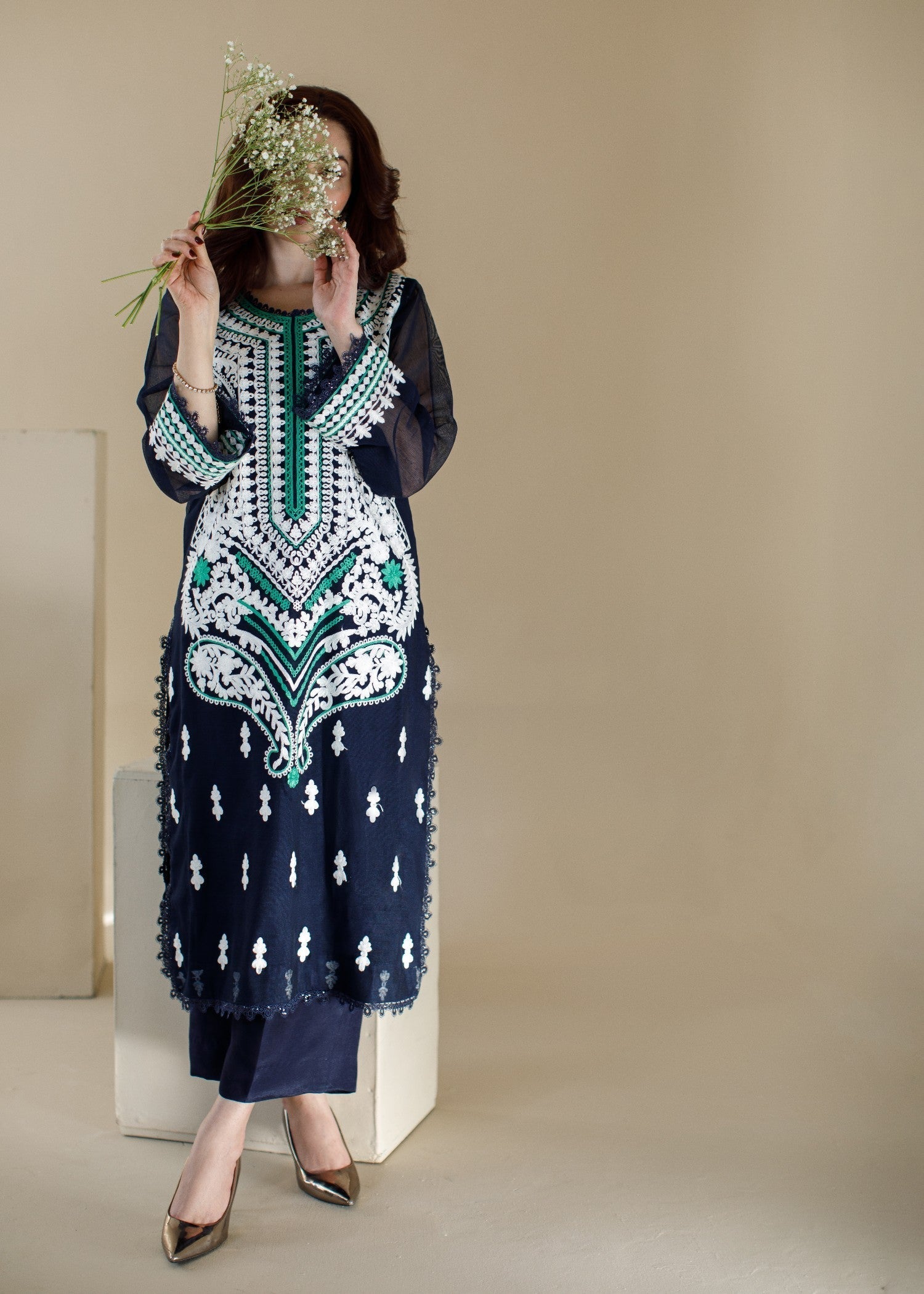poly silk cotton net Kurta Set in Navy blue