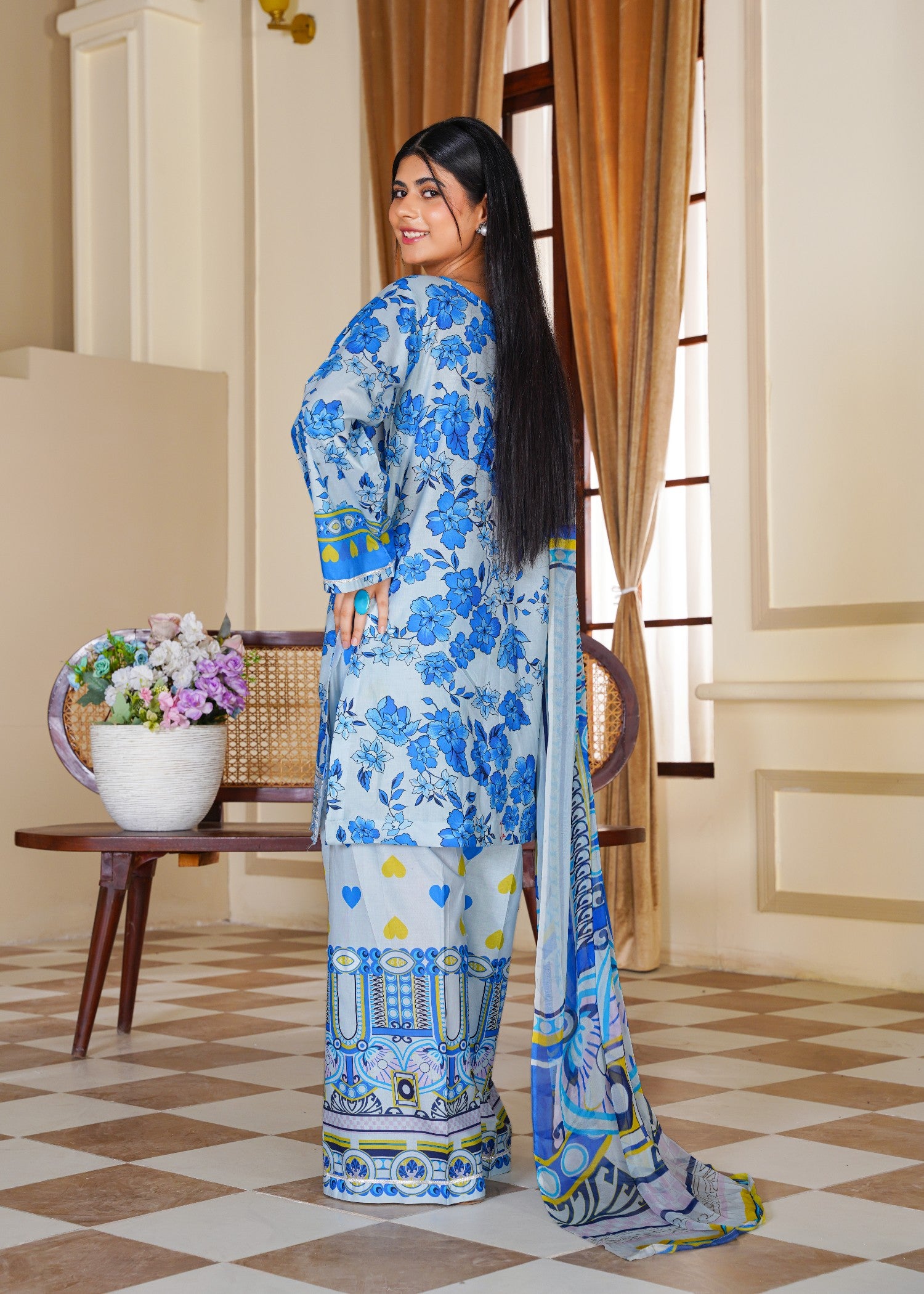 lawn Kurta Set in Cobalt blue, baby blue