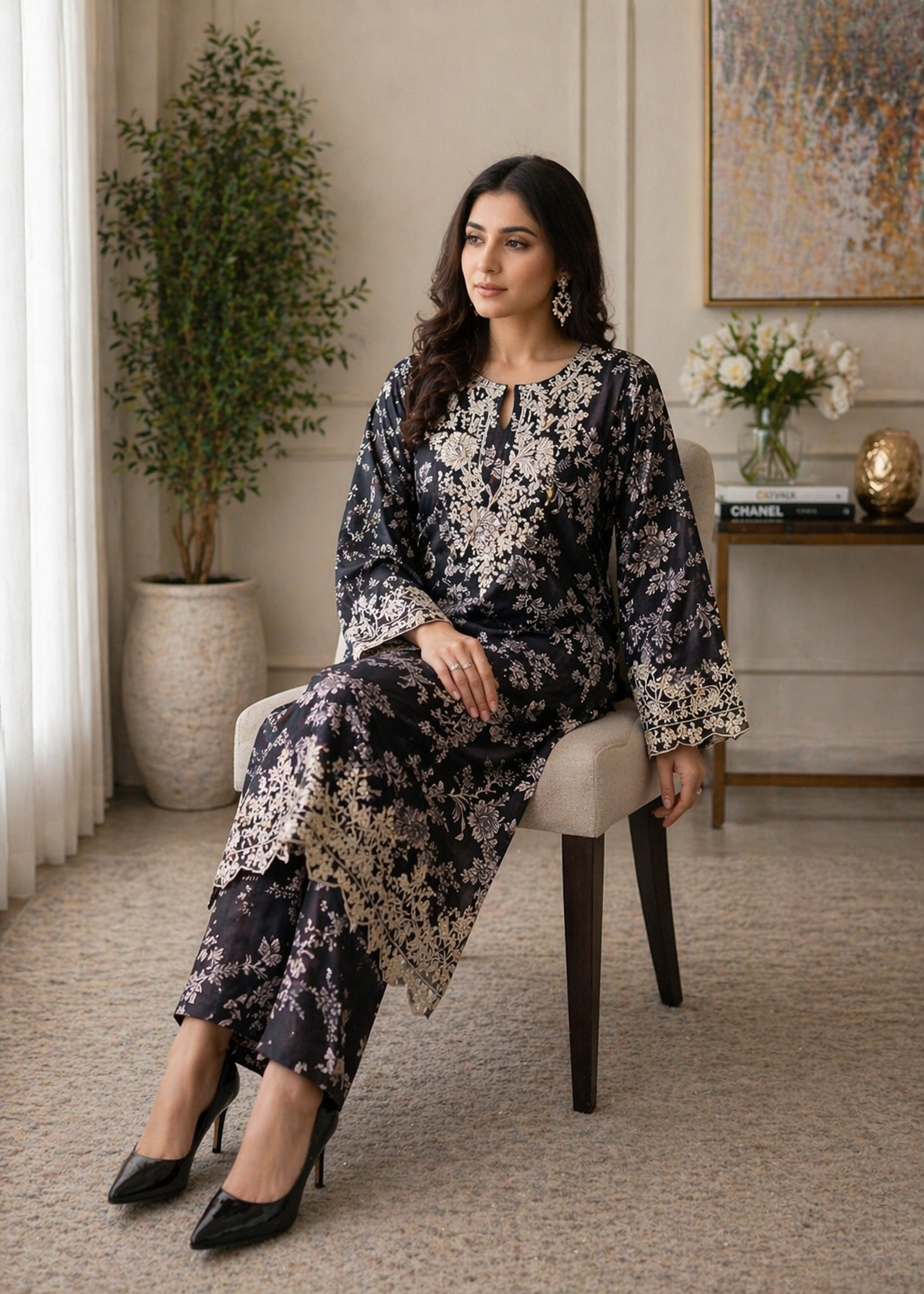 poly lawn Kurta Set in Black, white