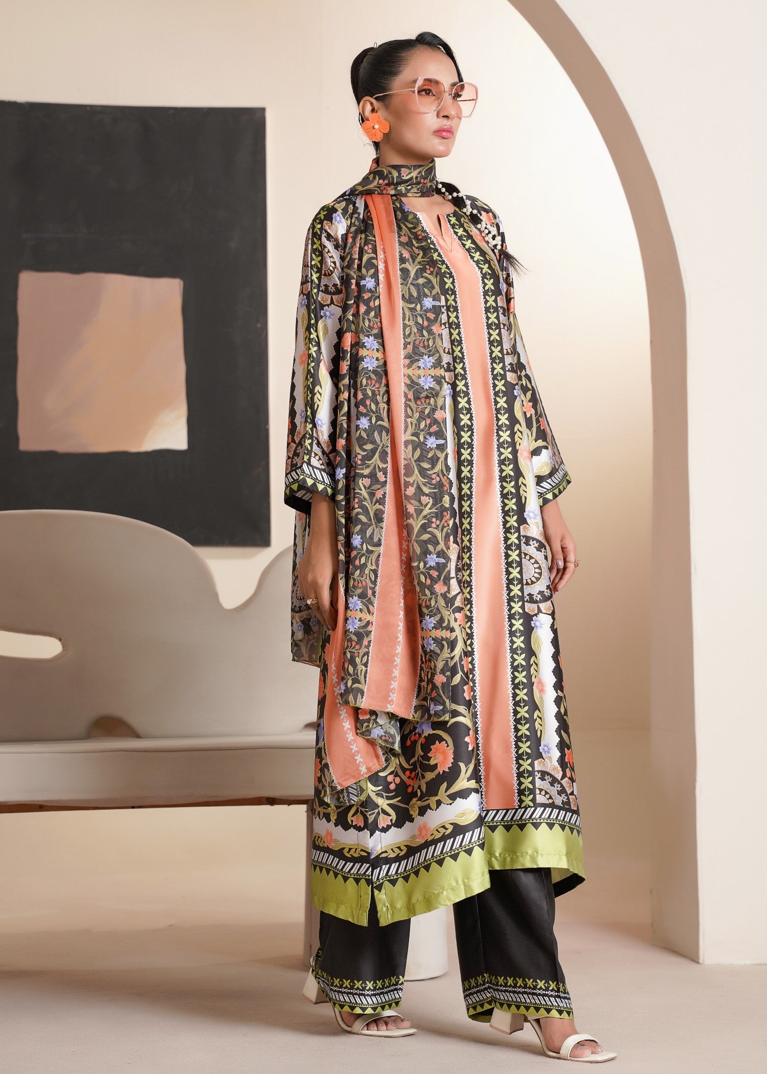 silk Kurta Set in Black, peach orange