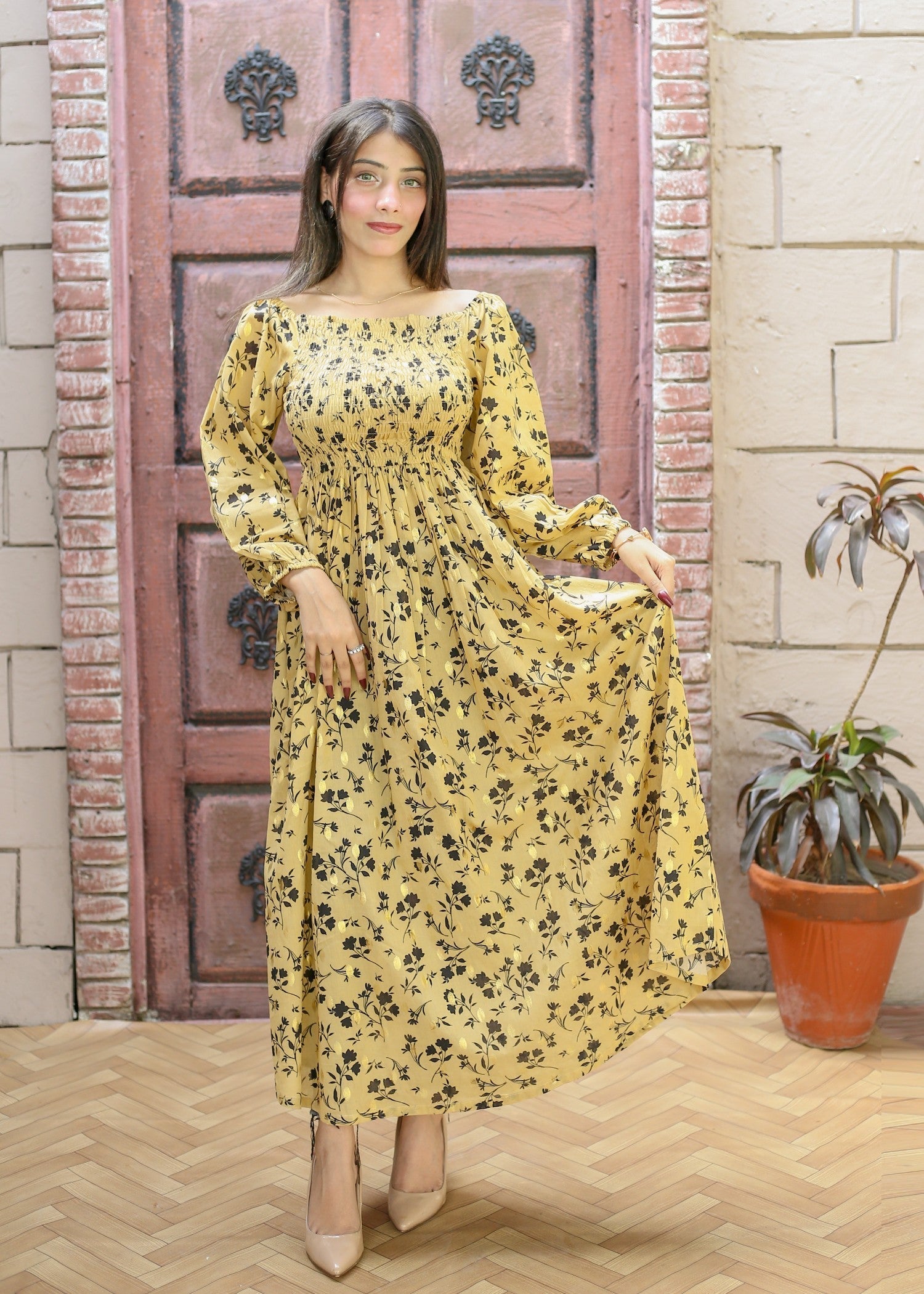zari cotton Dress in Saffron
