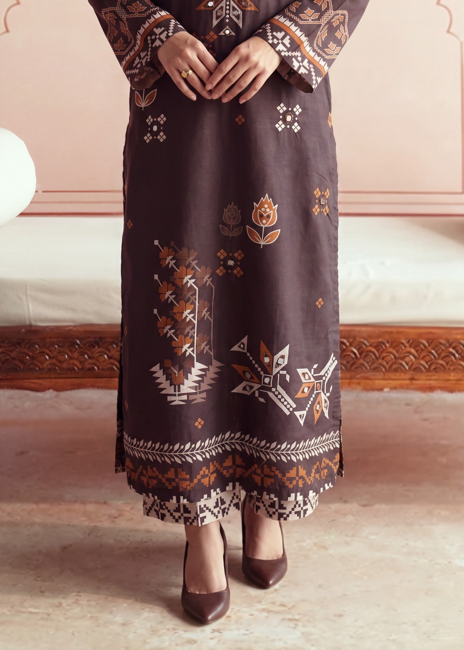 lawn Kurta Set in Coffee brown