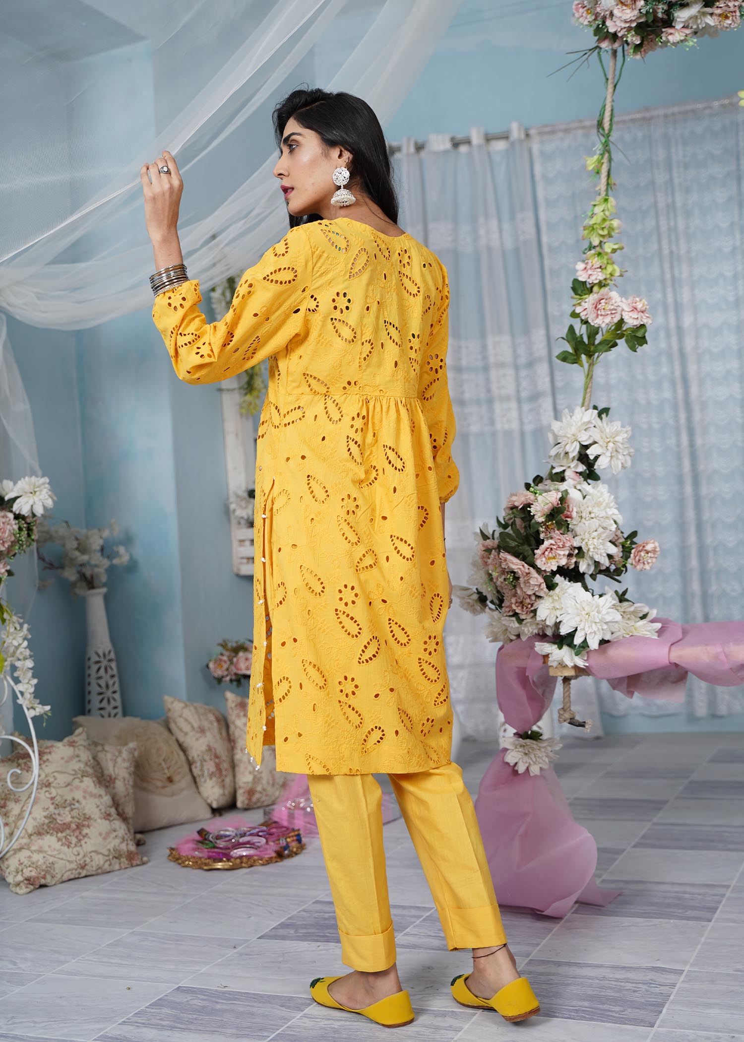 schiffli Kurta Set in Yellow