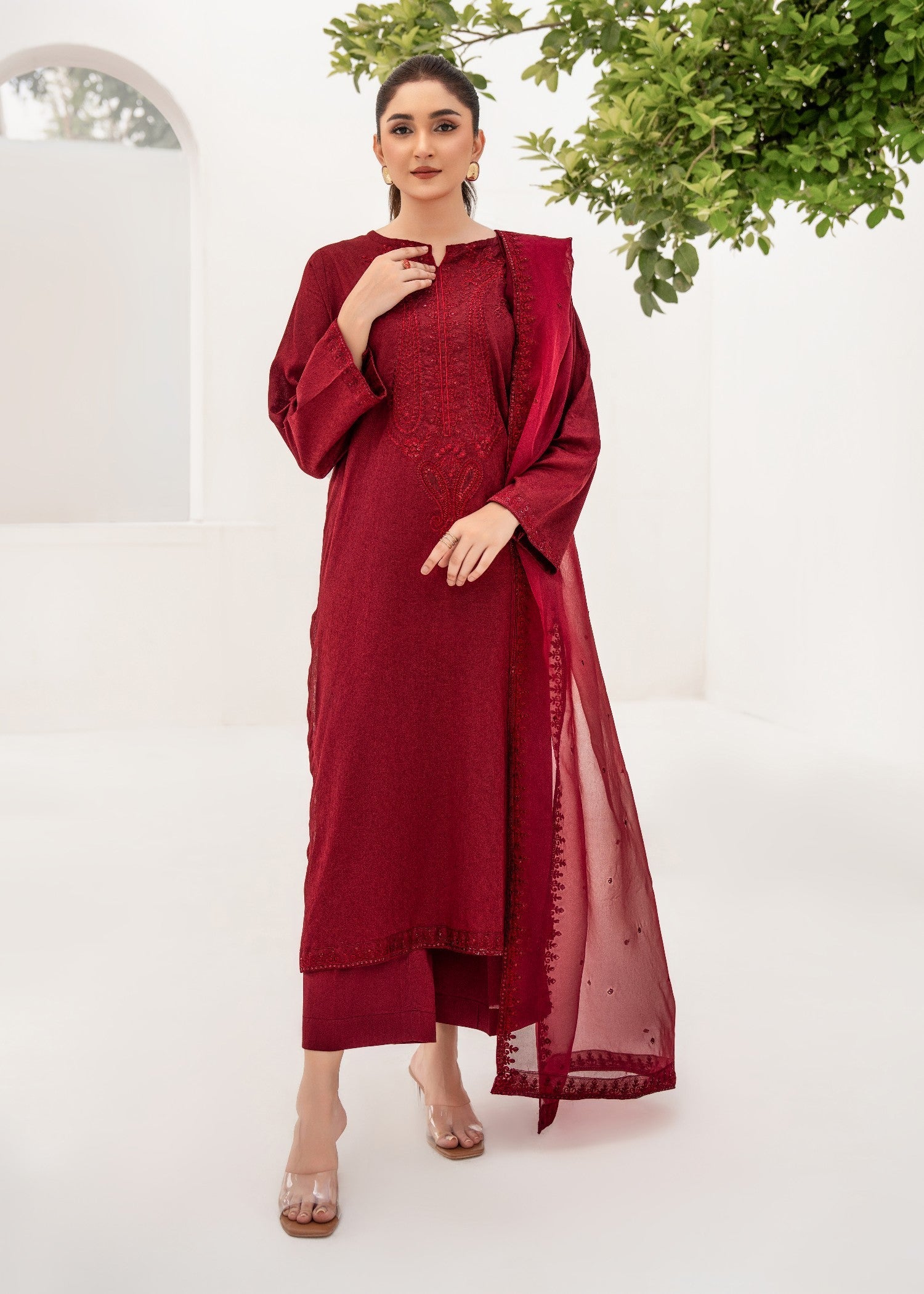 textured lawn Kurta Set in Maroon