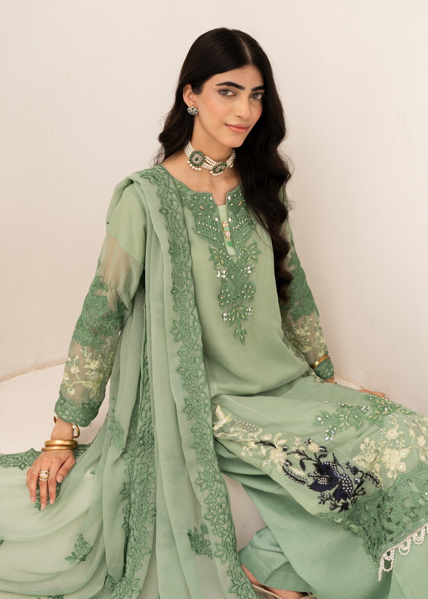 chiffon Kurta Set in Pistachio green