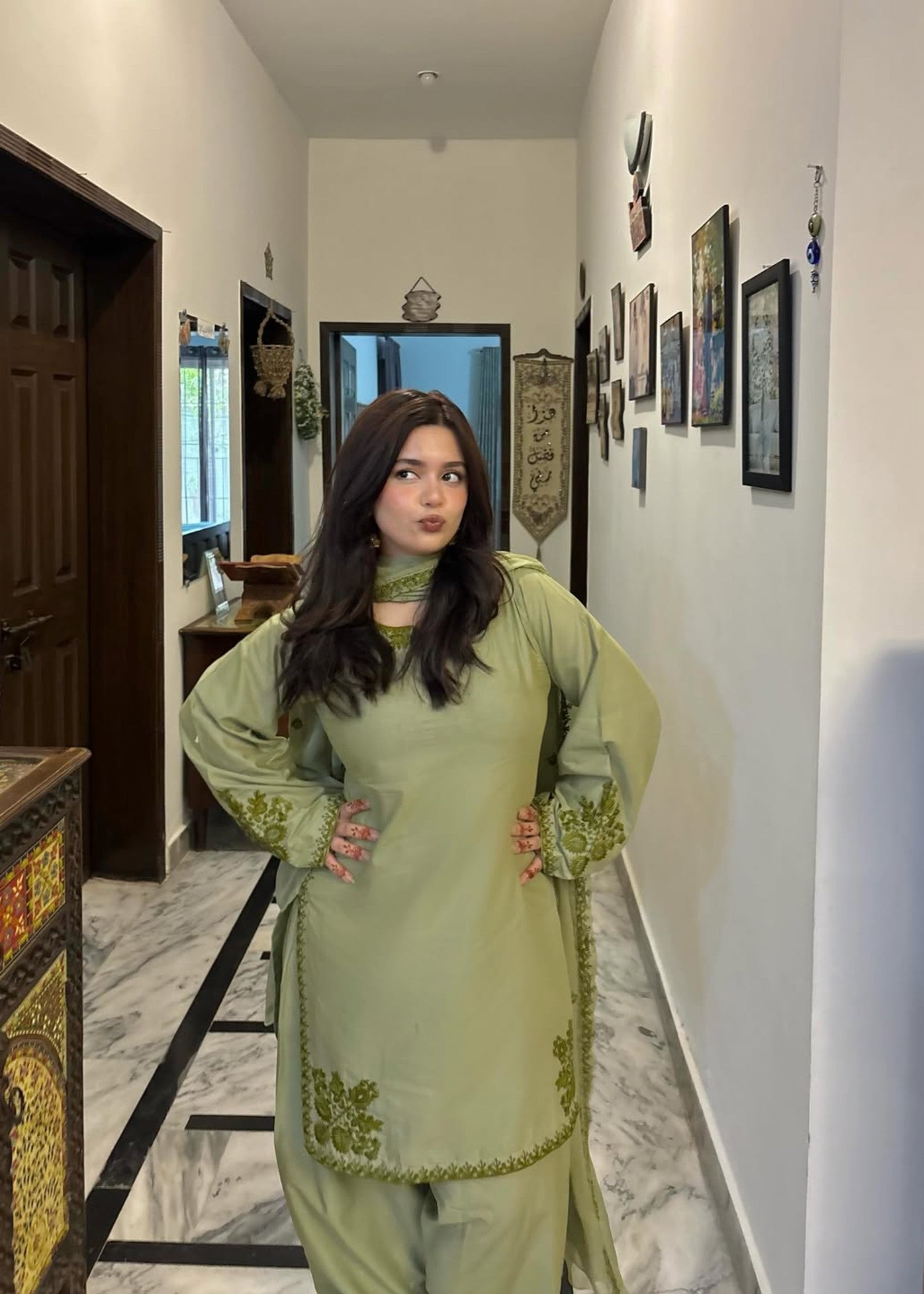 cotton Kurta Set in Apple green