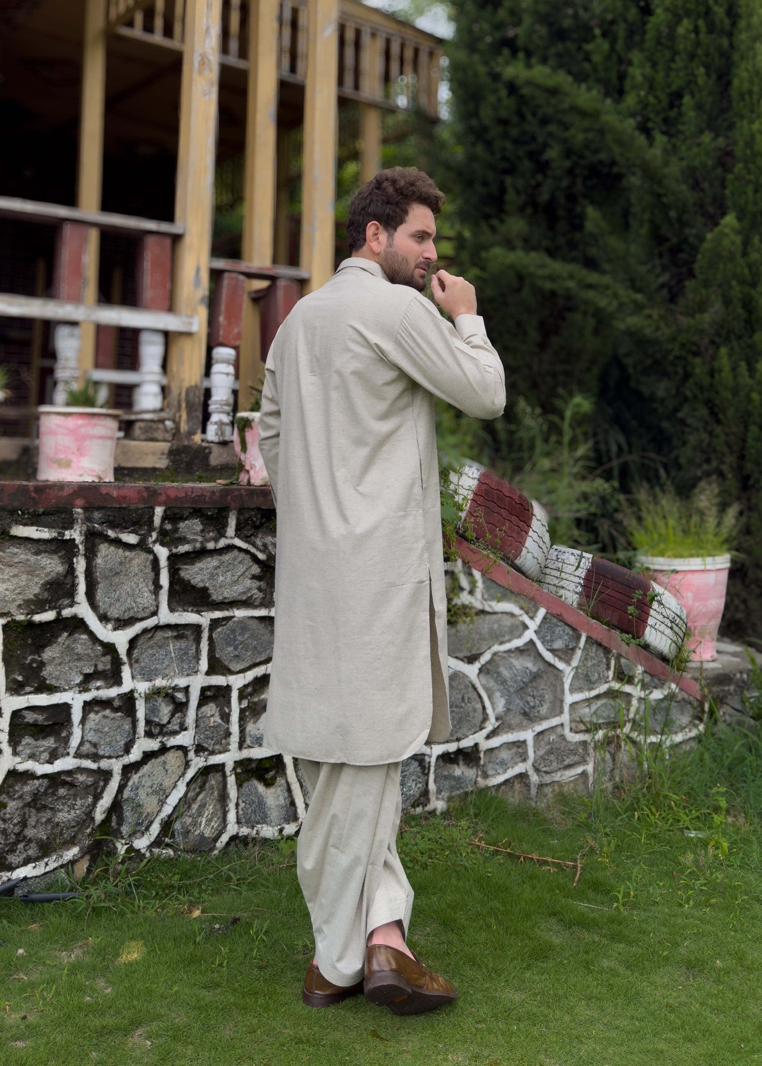 blended karandi Shalwar Kameez in Ivory