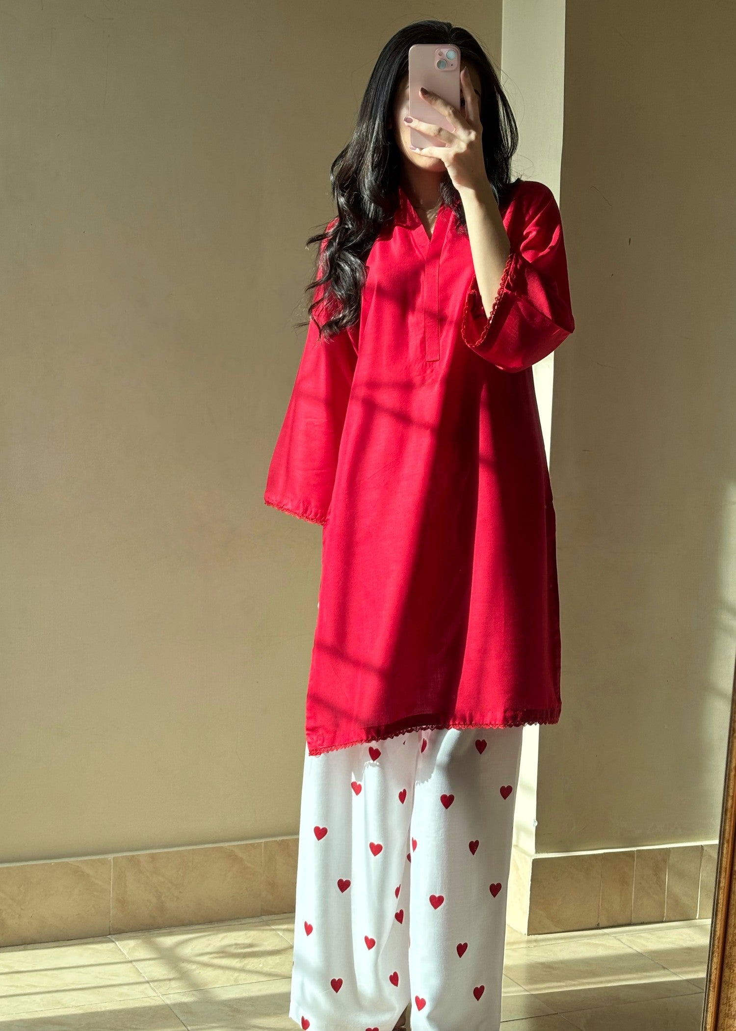 arabic lawn Kurta Set in Red
