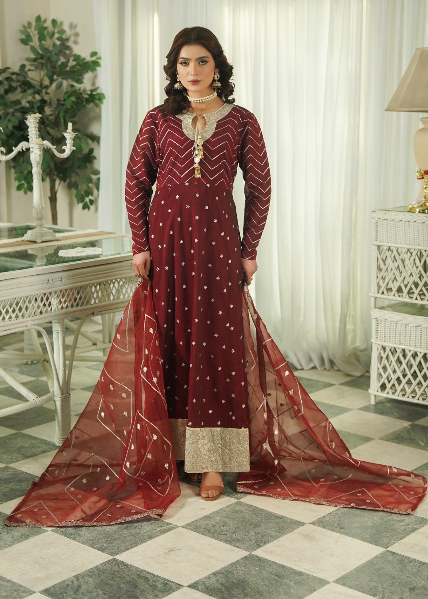 paper lawn Pishwas in Maroon