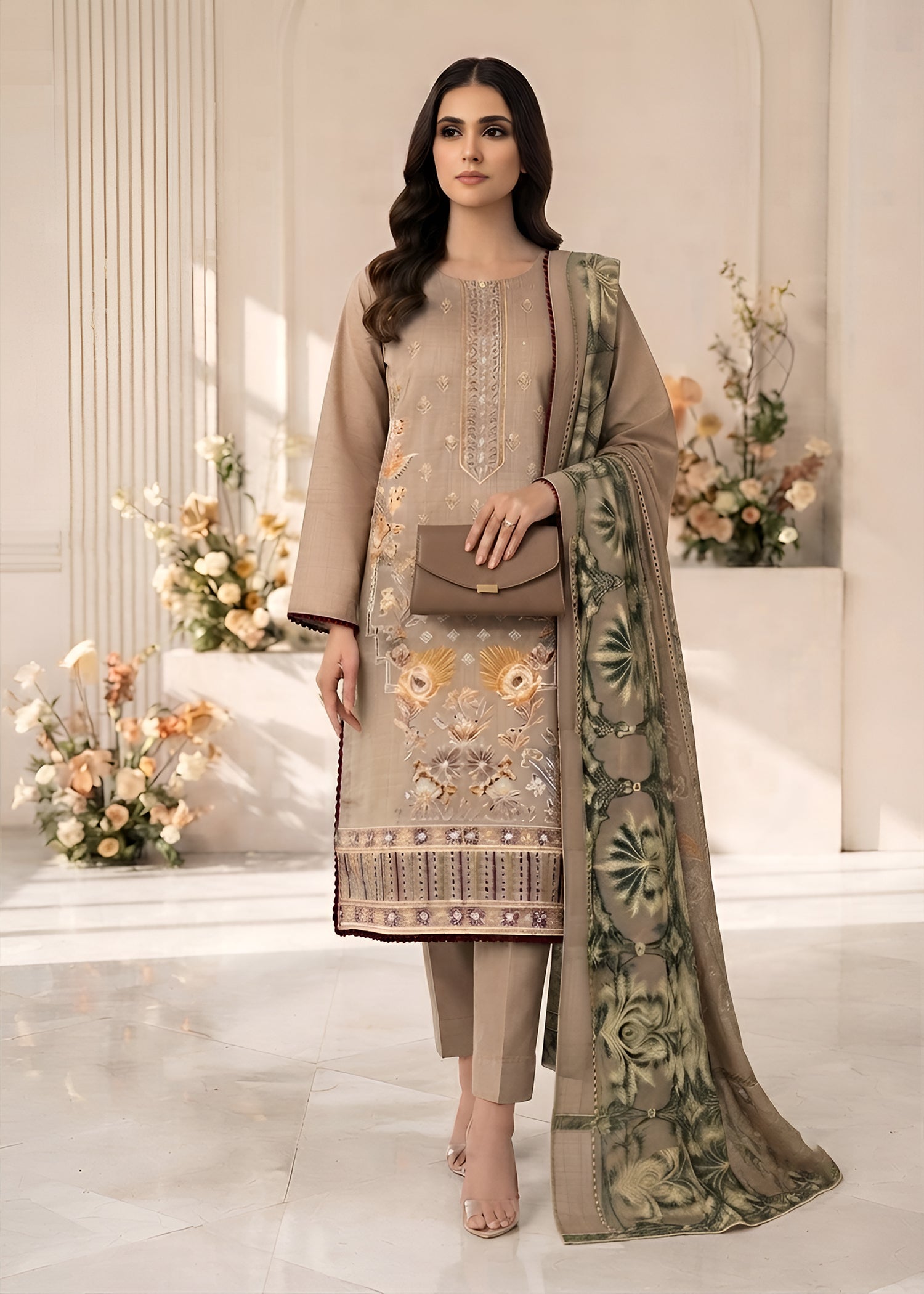 cotton jacquard Kurta Set in Beige