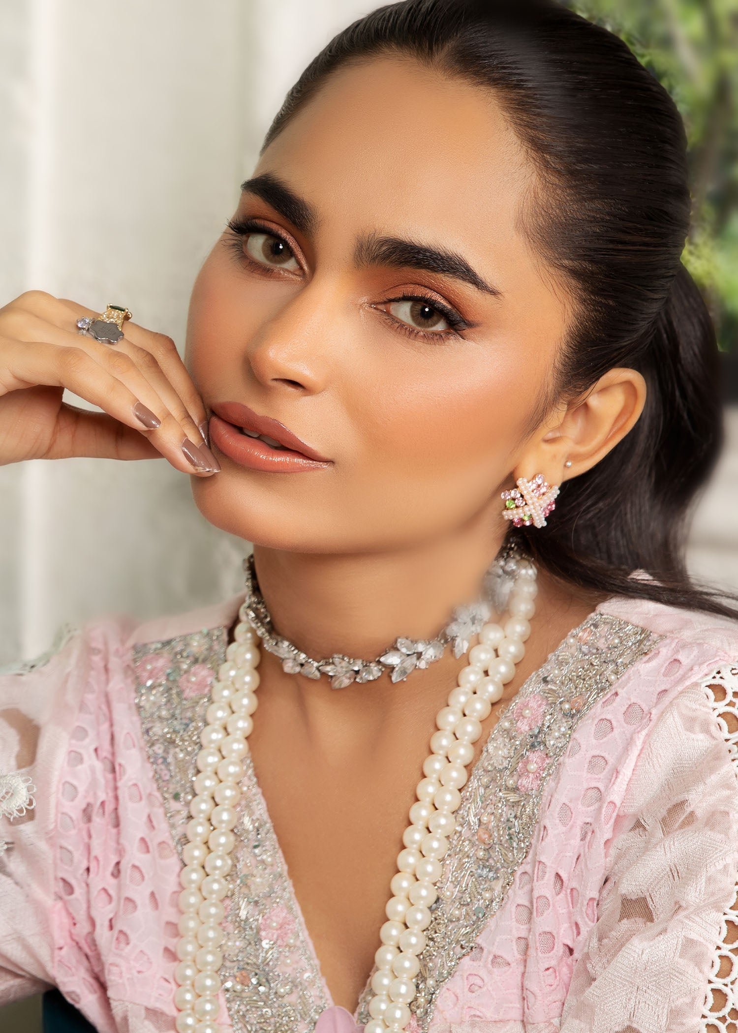 self-textured organza Kurta Set in Pastel pink