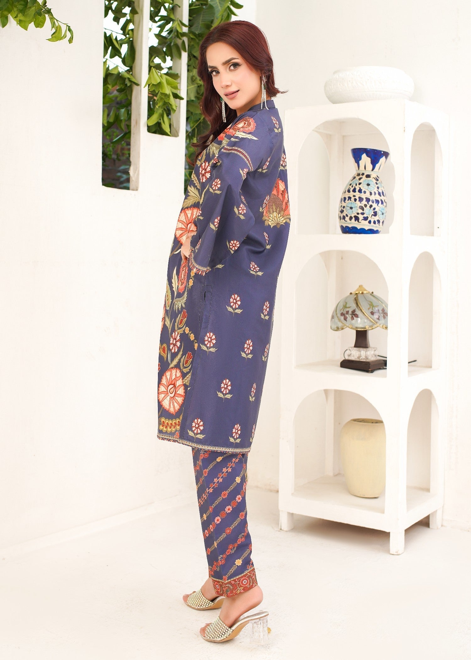polyester crepe Kurta Set in Navy blue