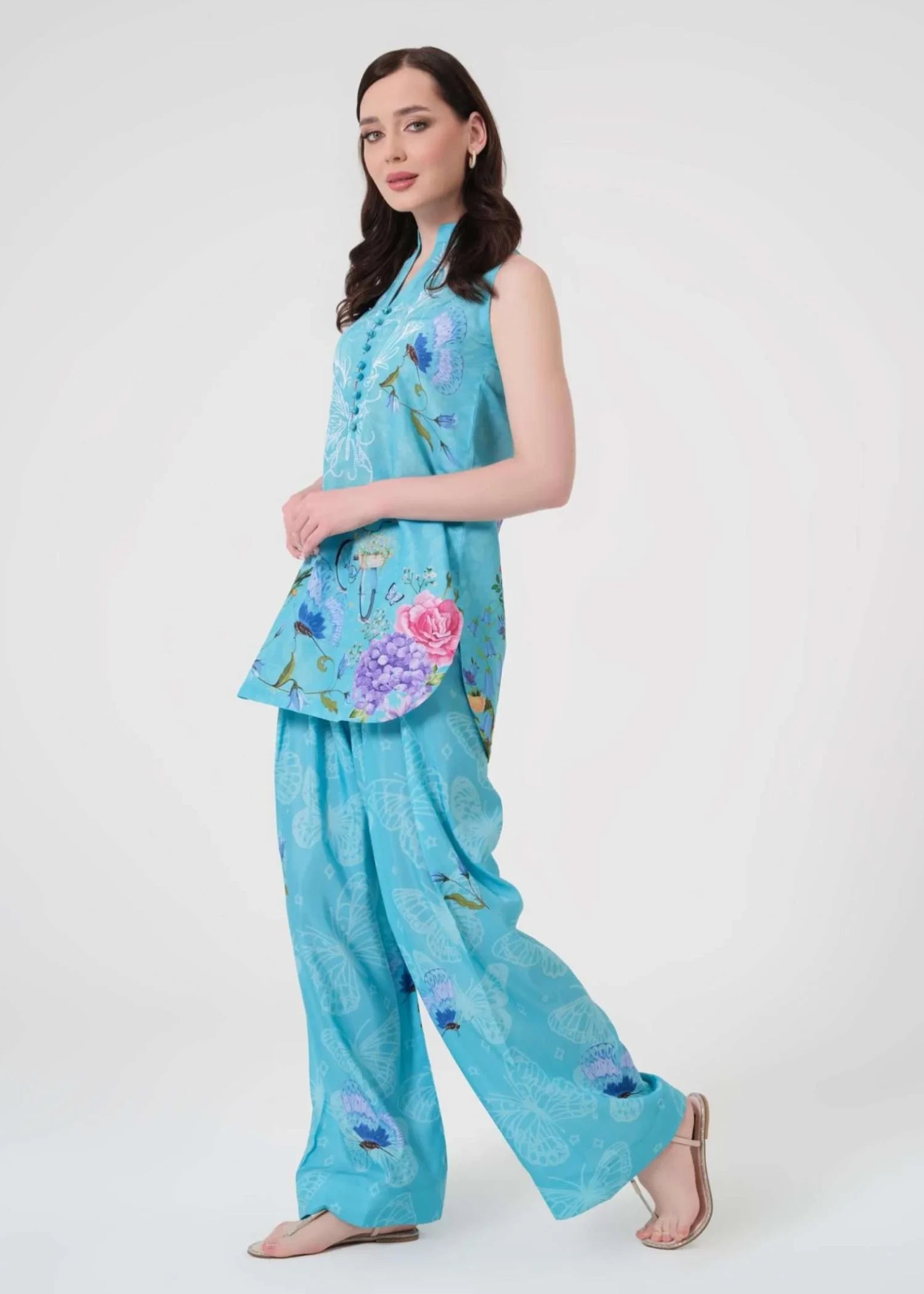 swiss lawn Kurta Set in Pacific blue