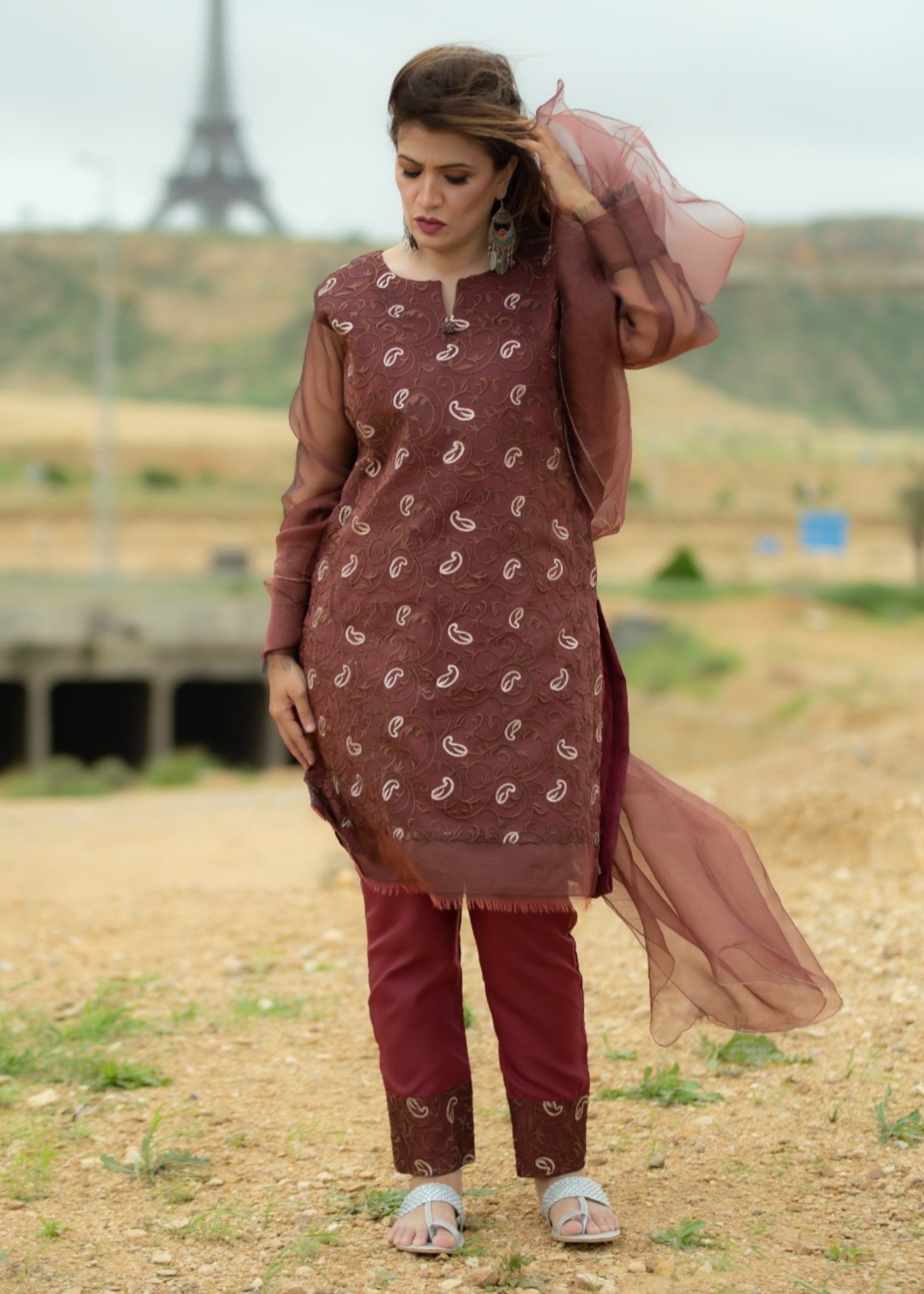 organza Kurta Set in Brown, maroon