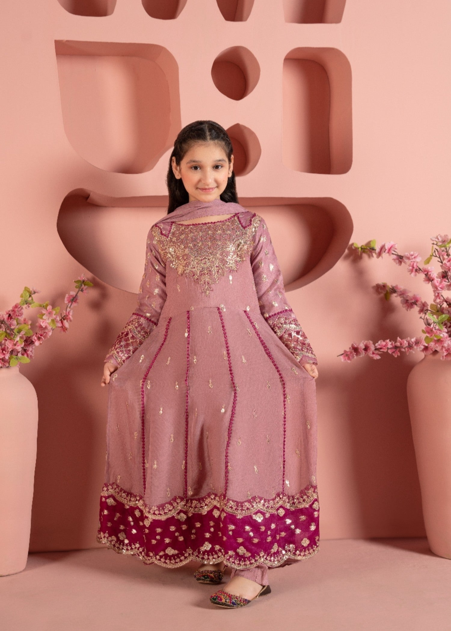 chiffon Pishwas in Zinnia pink