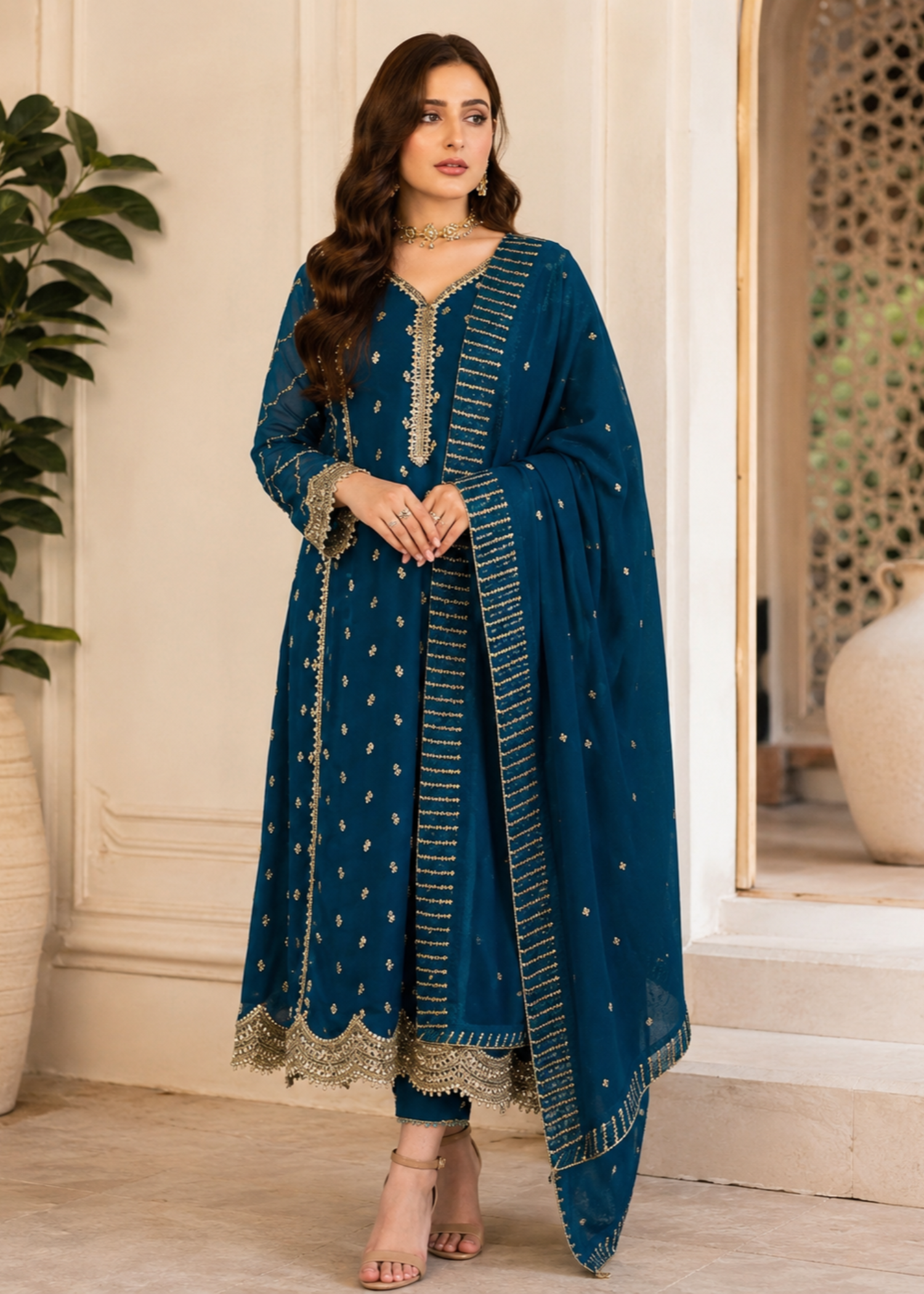 crinkle chiffon Anarkali in Yale blue