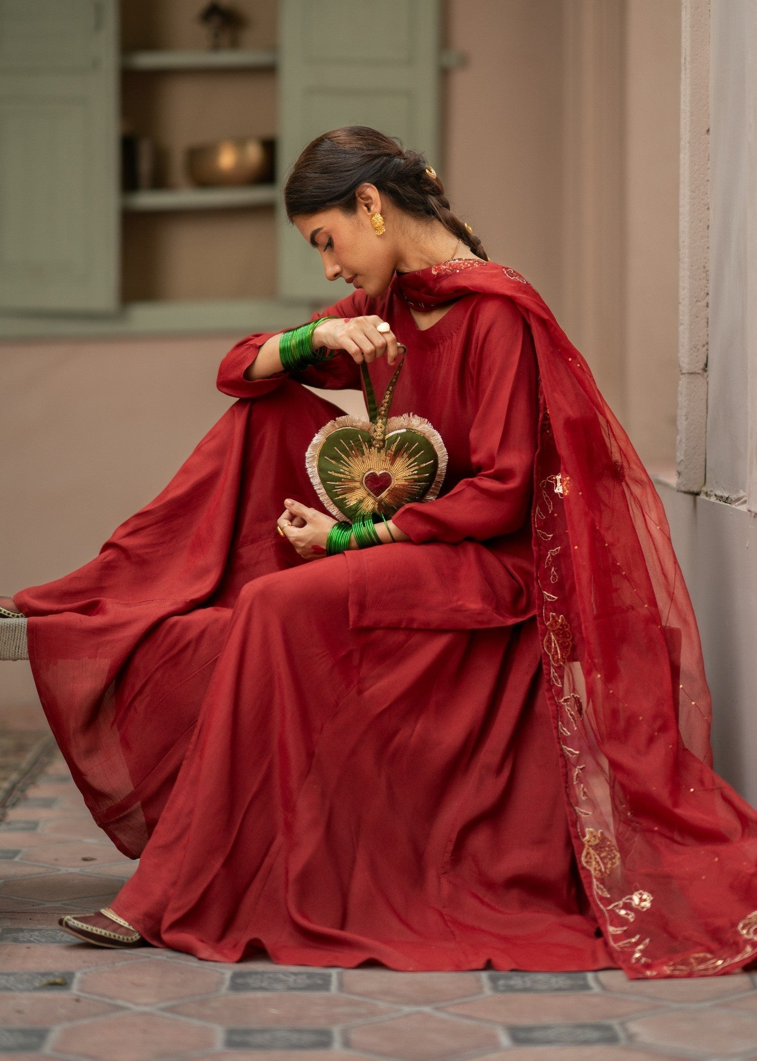 pk raw silk Sharara in Crimson