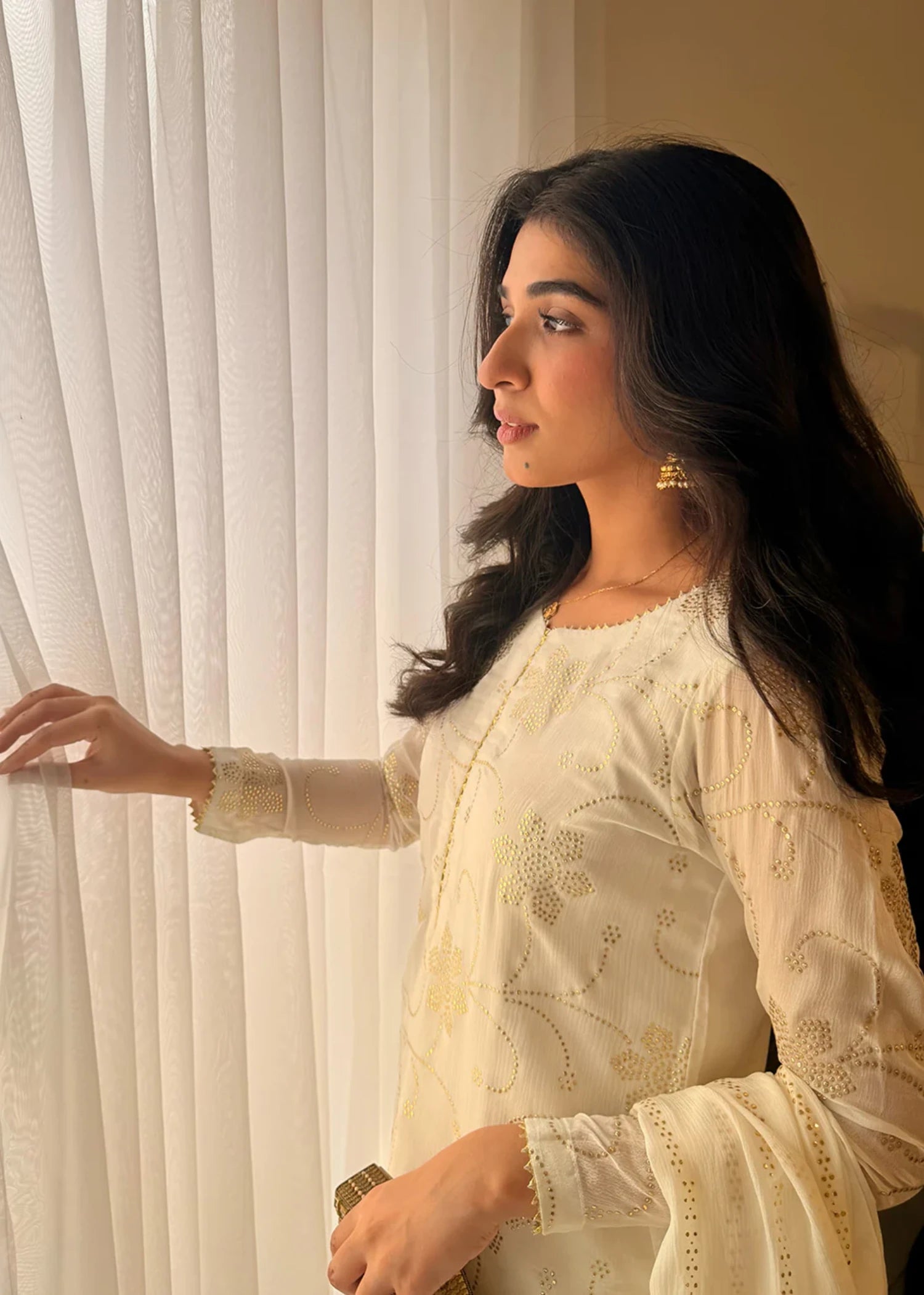 chiffon Kurta Set in Off-white, gold
