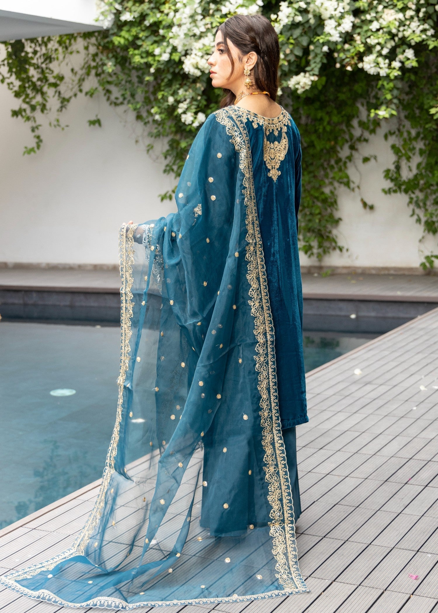 velvet Kurta Set in Teal
