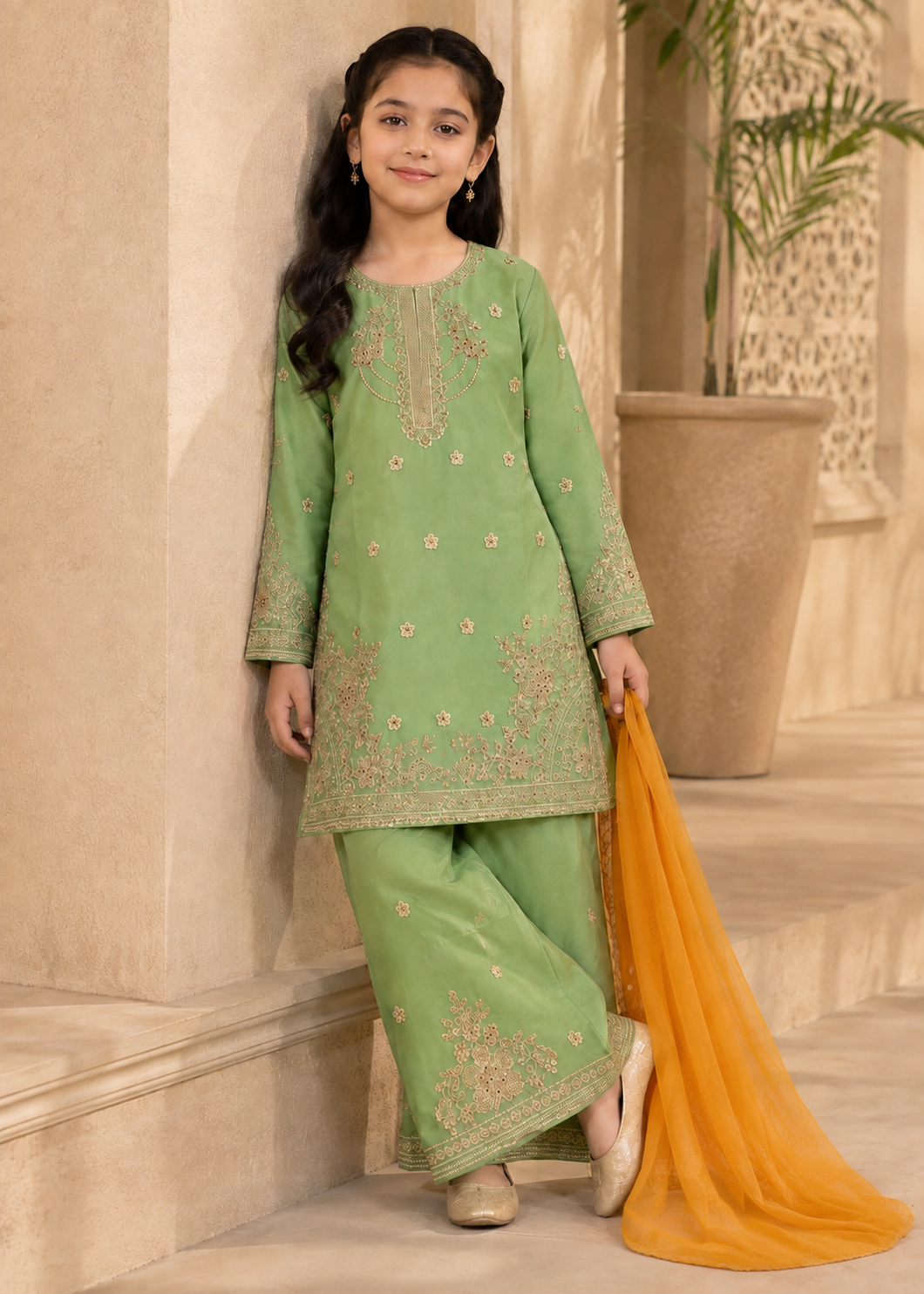 chiffon Kurta Set in Key lime