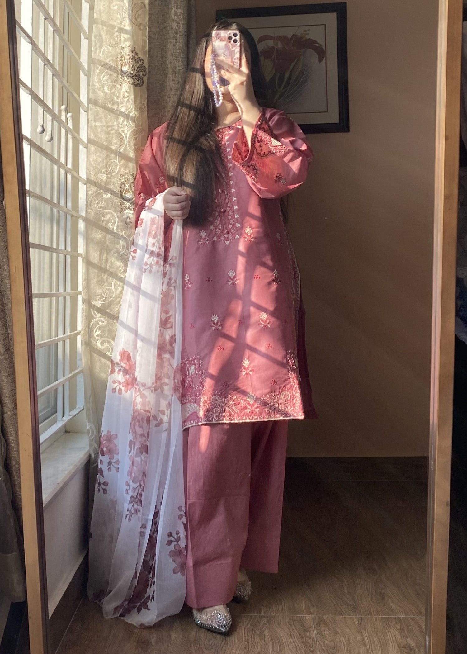 lawn Kurta Set in Tea rose pink