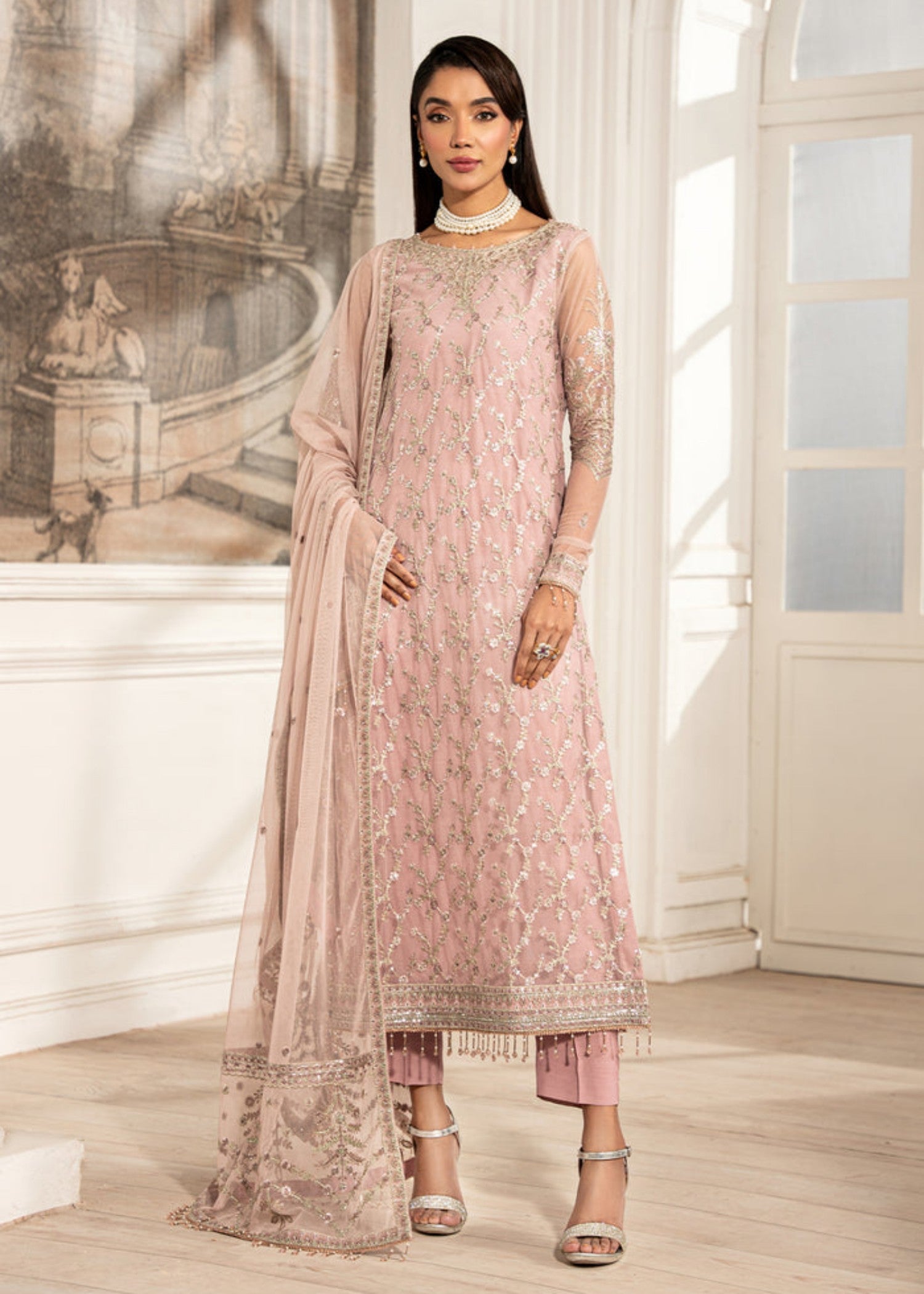 net Kurta Set in Pink