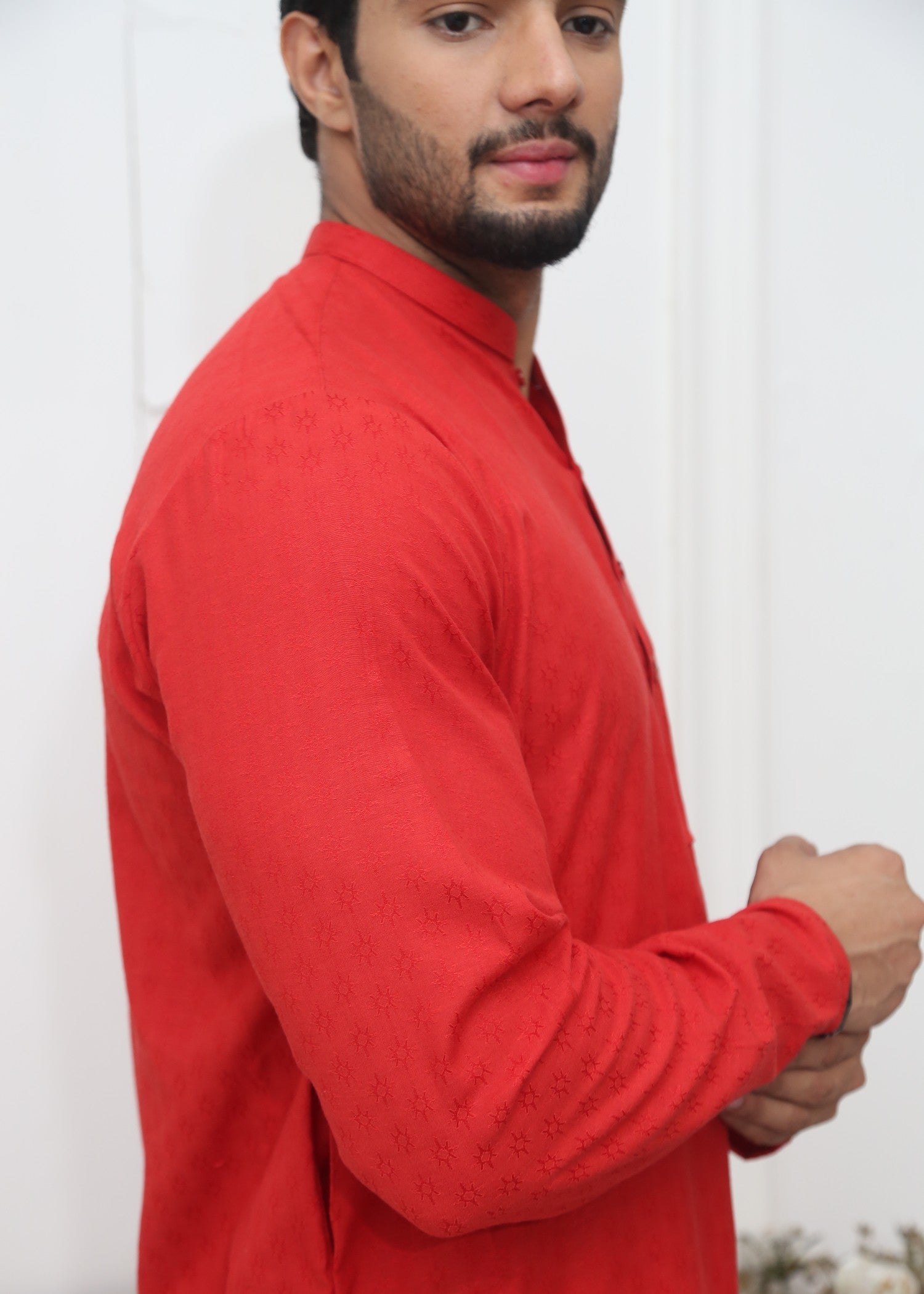 cotton jamawar Kurta in Red