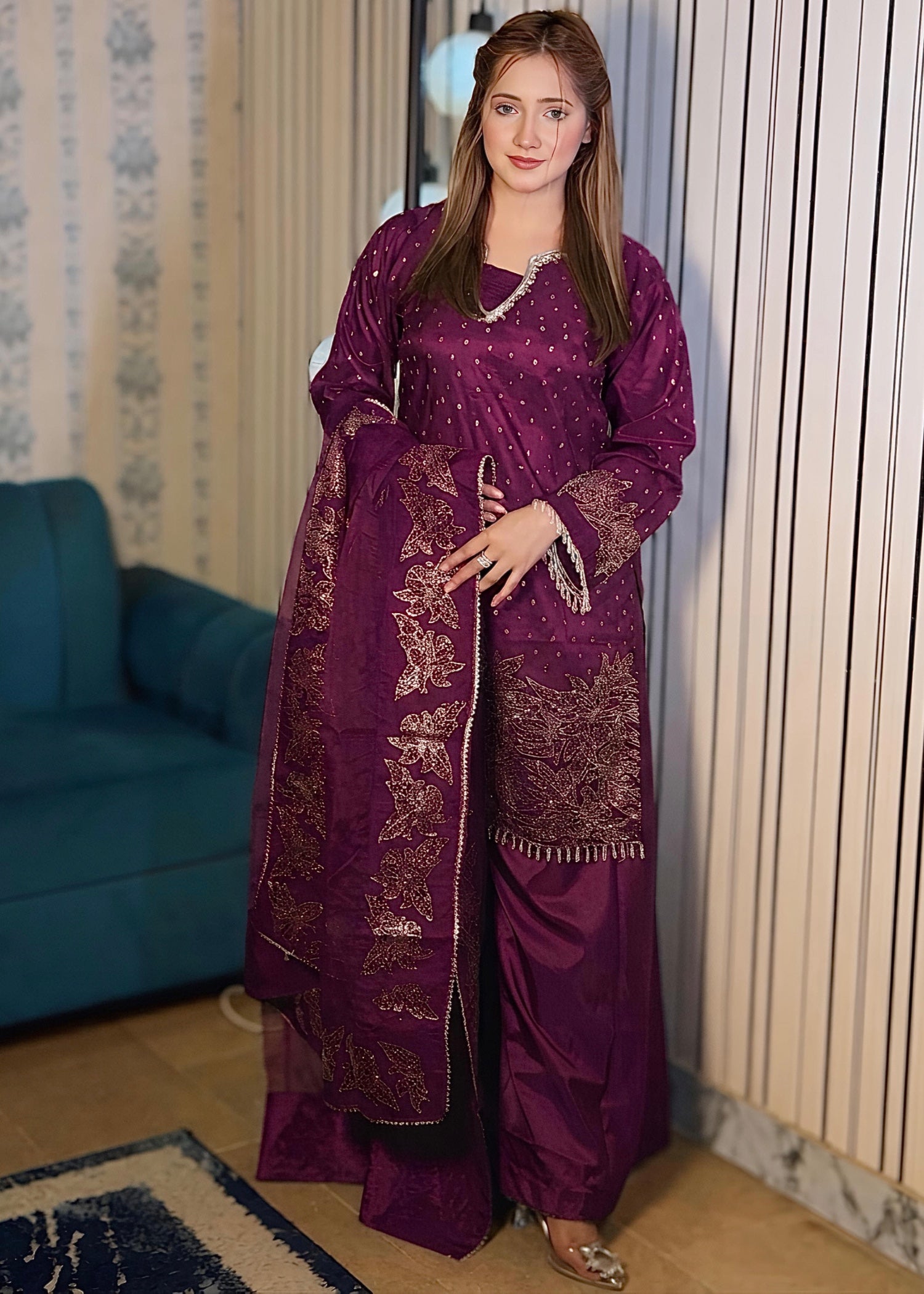 raw silk Kurta Set in Plum purple