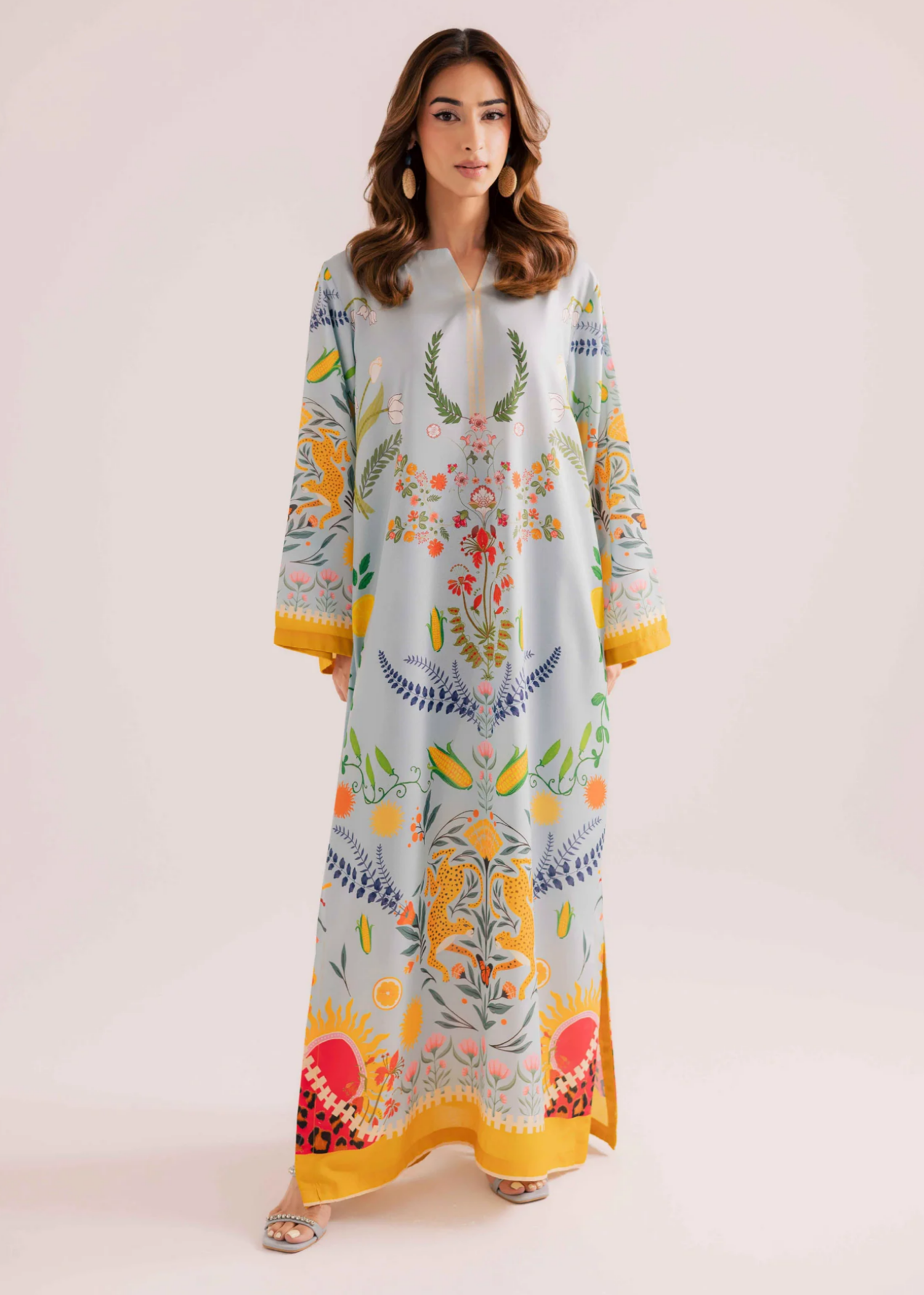 raw silk Kaftan in Powder blue