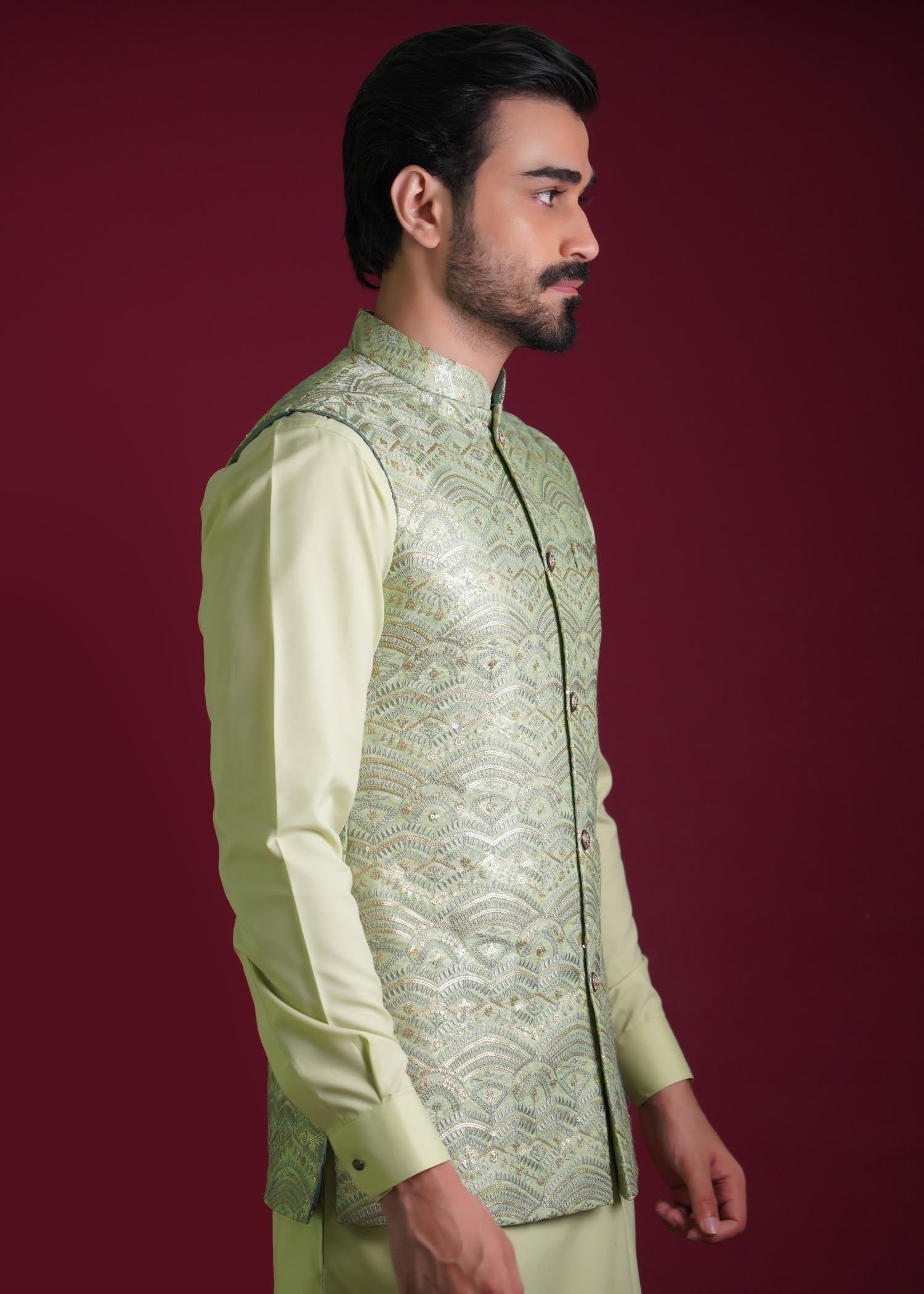 raw silk Waistcoat in Pistachio green