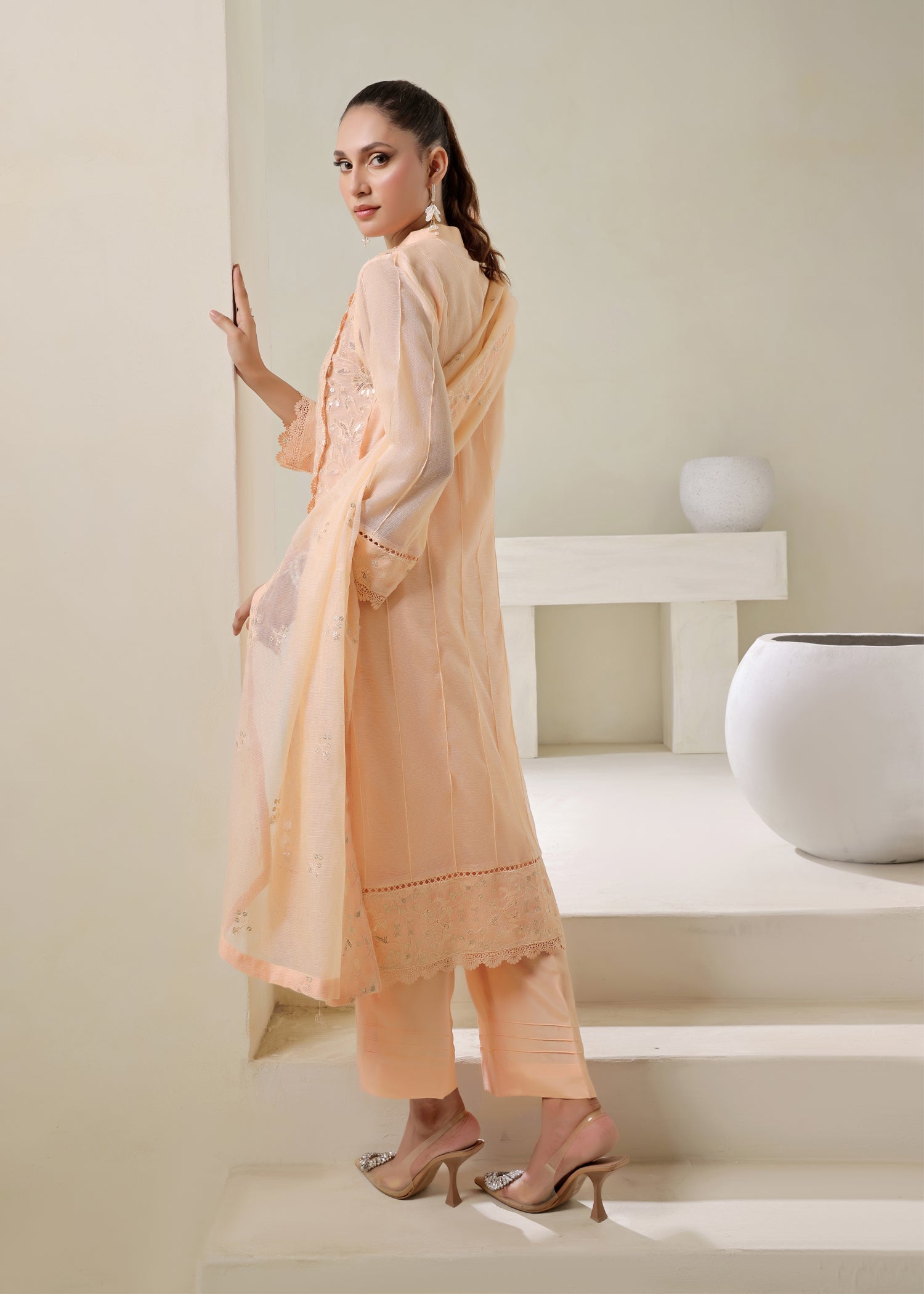 silk cotton net Kurta Set in Peach orange