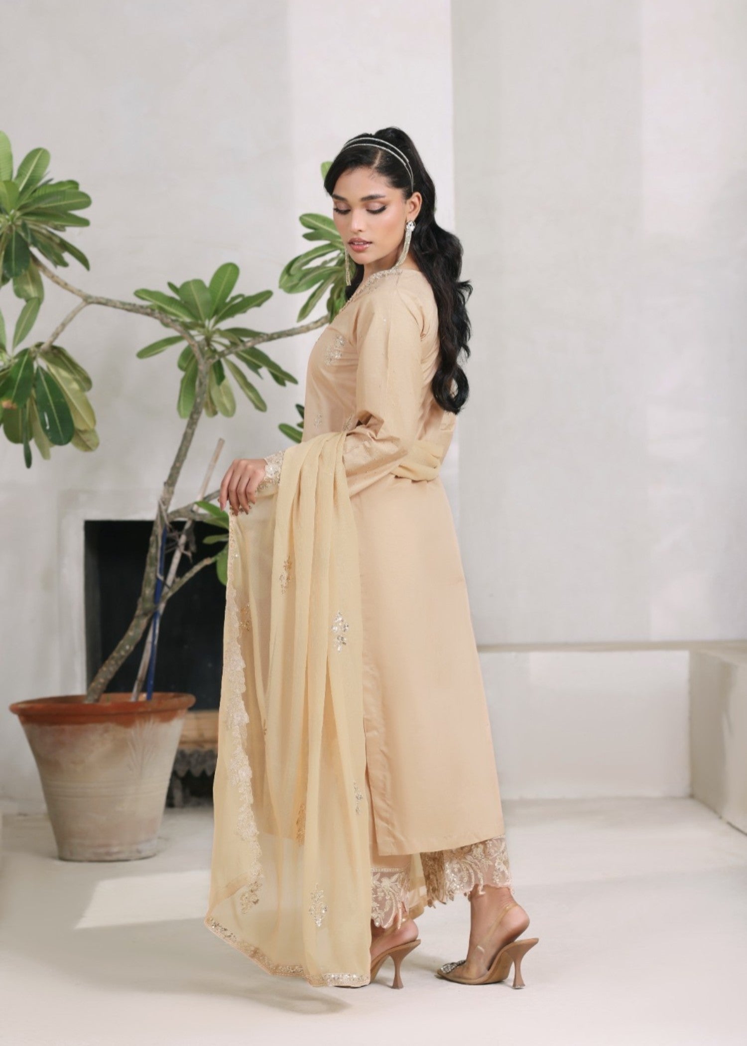 chiffon Kurta Set in Khaki brown
