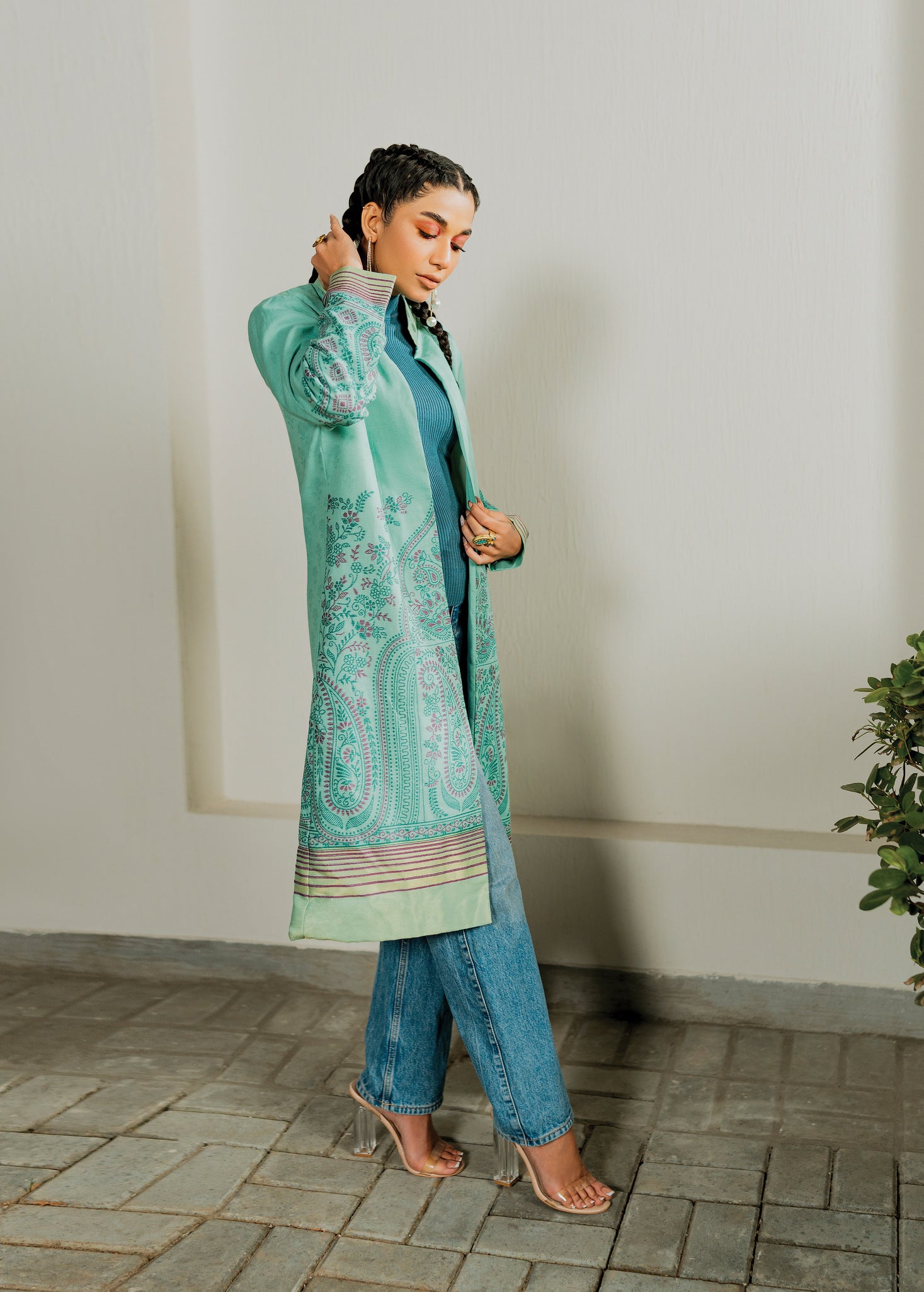 slub khaddar Jacket in Green