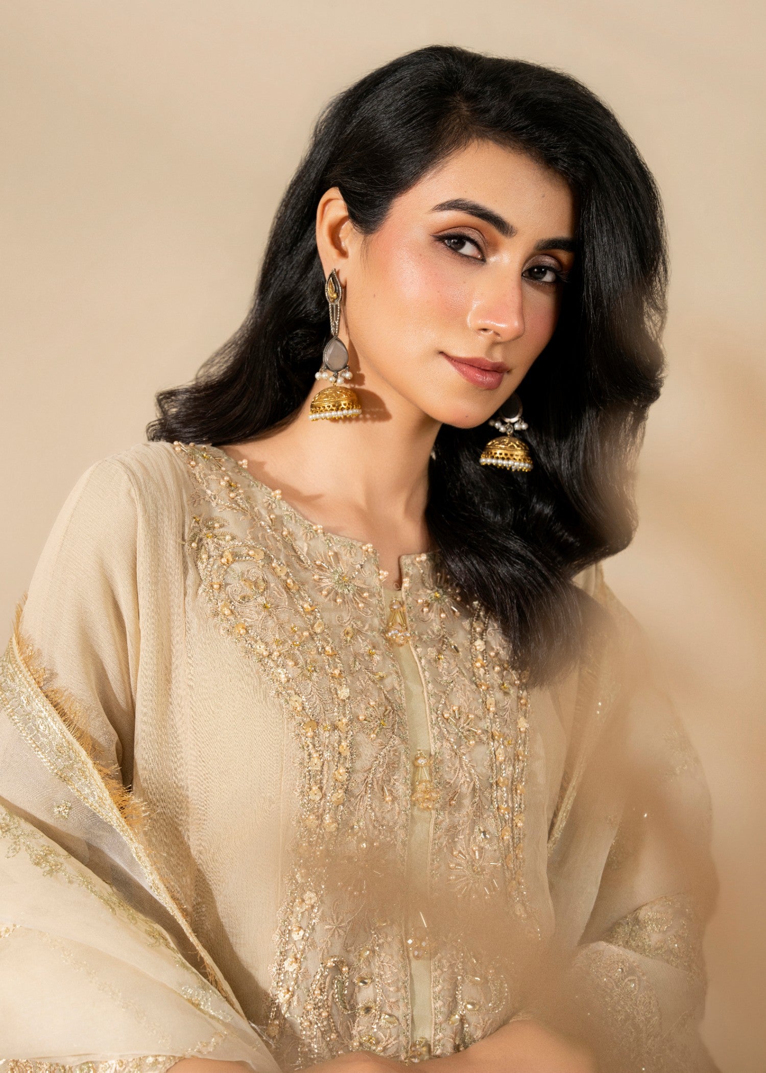 crinkle chiffon Pishwas in Beige