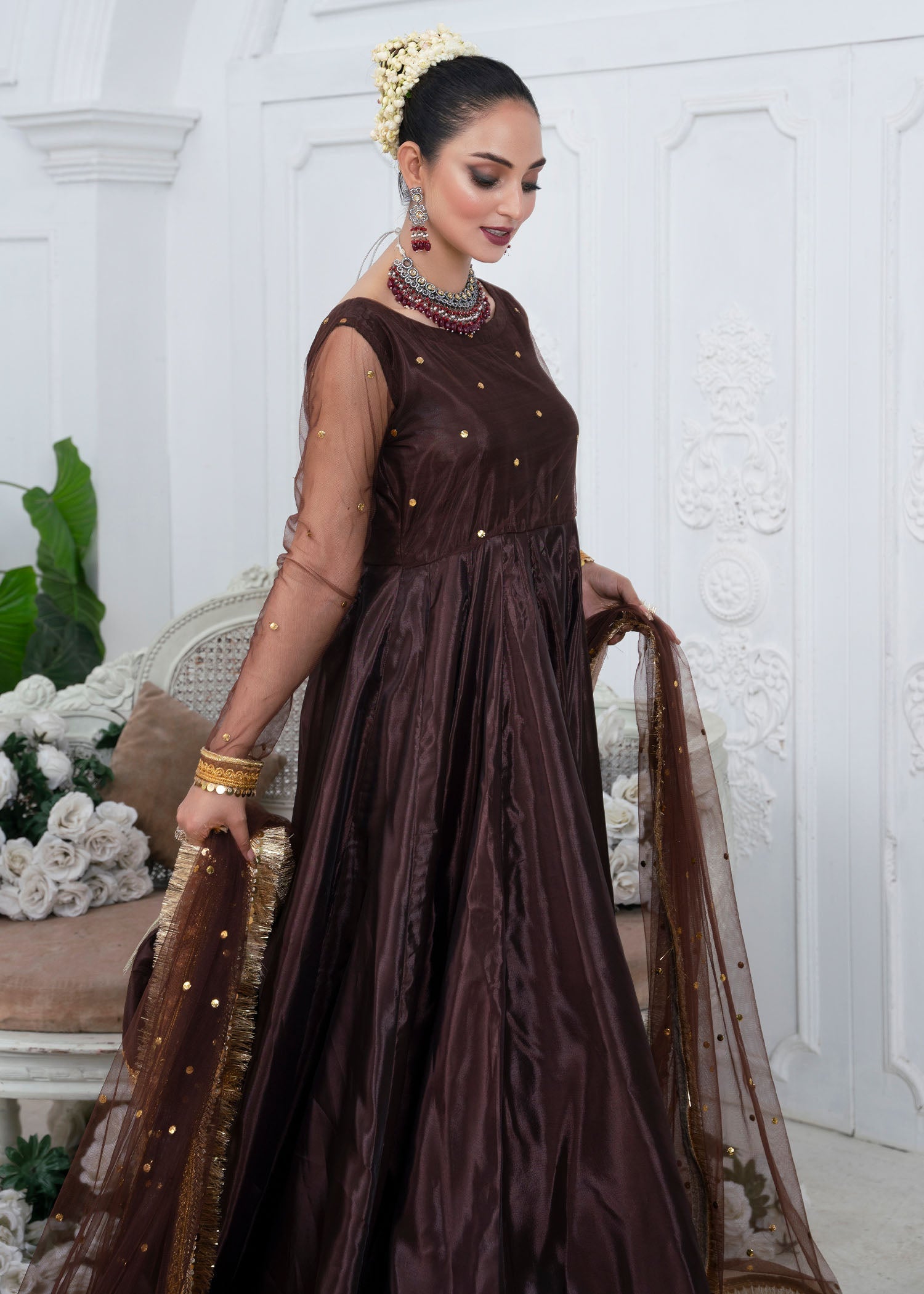 cotton silk Pishwas in Brown