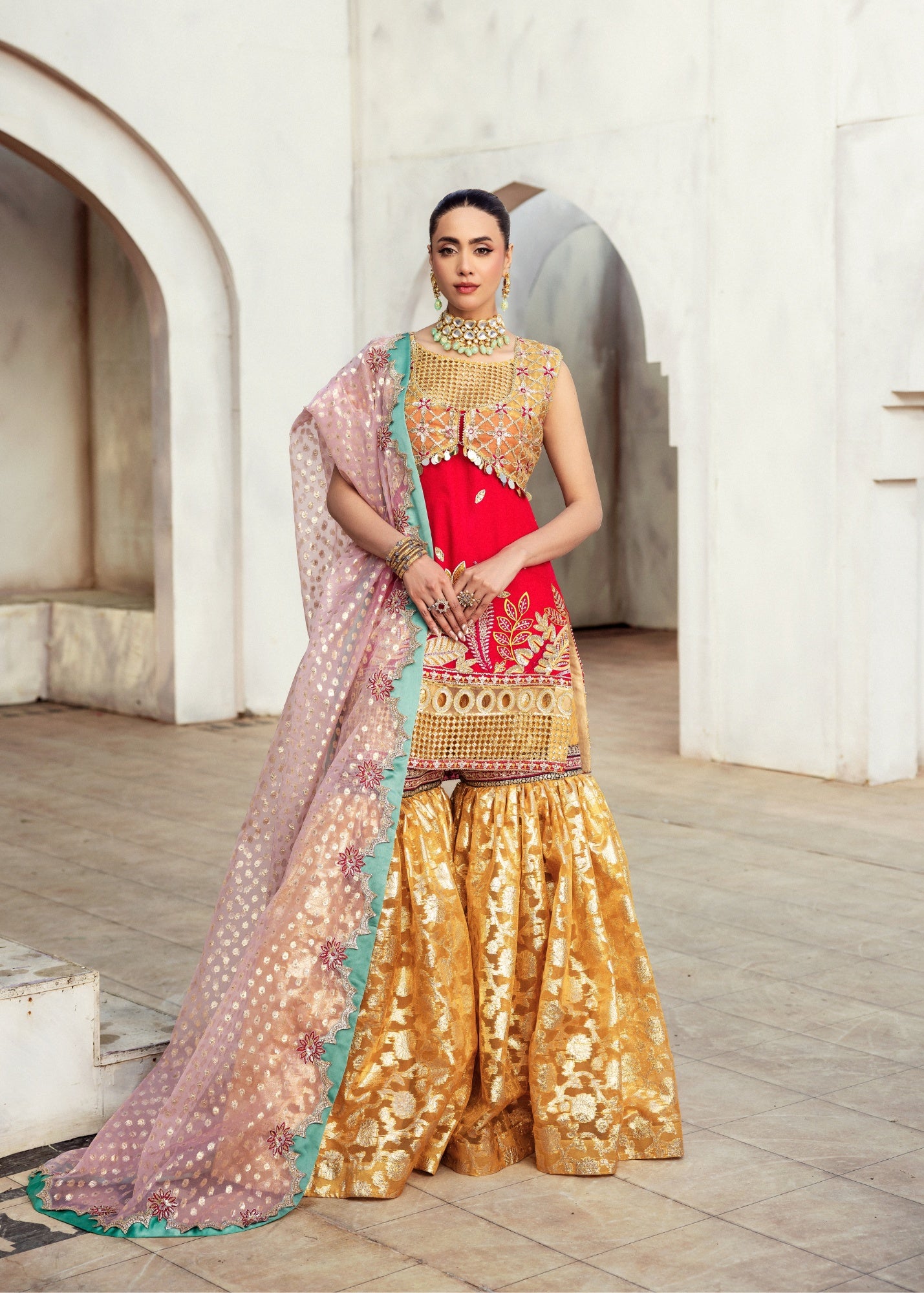 organza Gharara in Scarlet