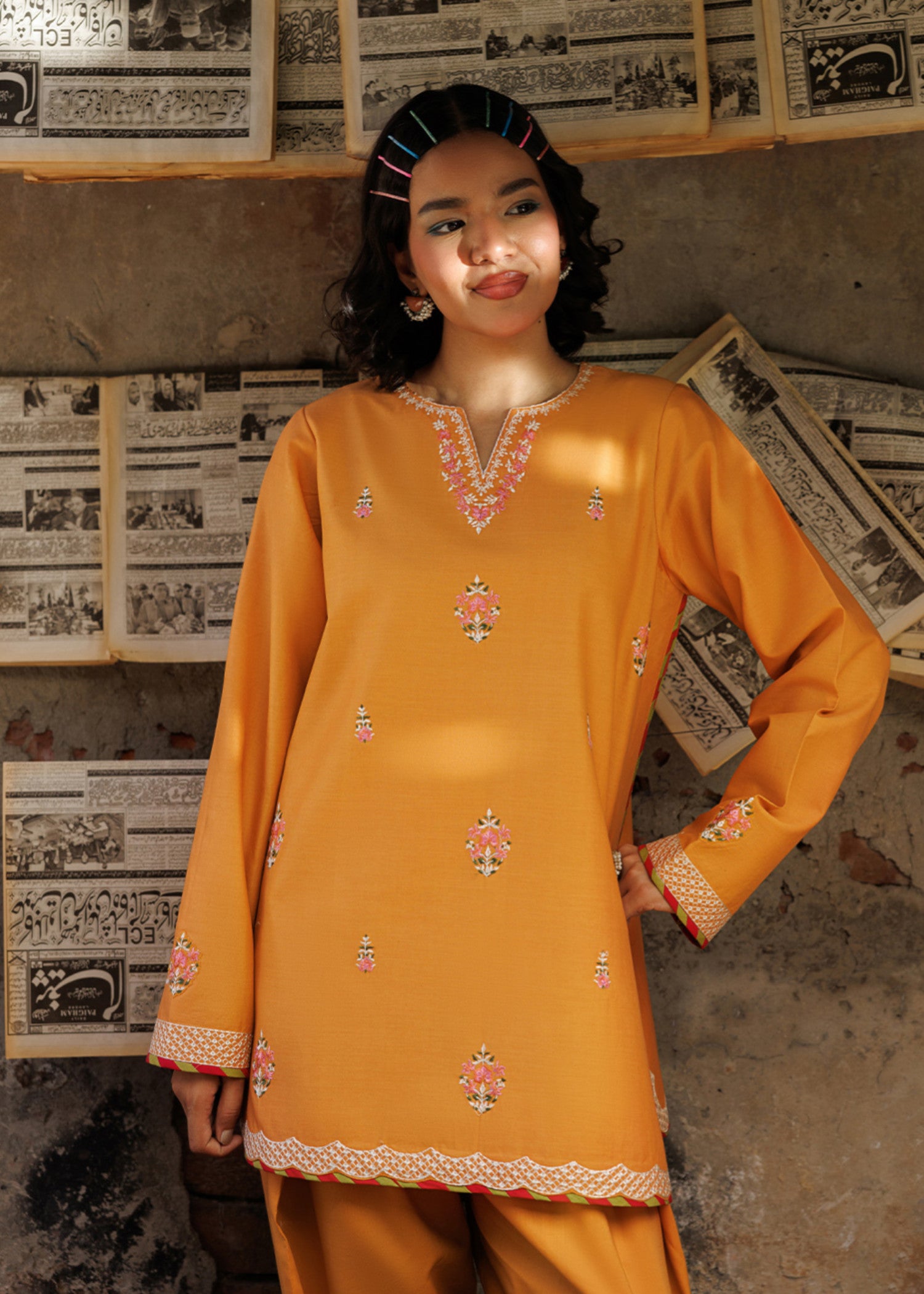 lawn Kurta Set in Ochre orange