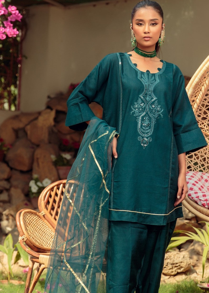 cotton net Kurta Set in Bottle green