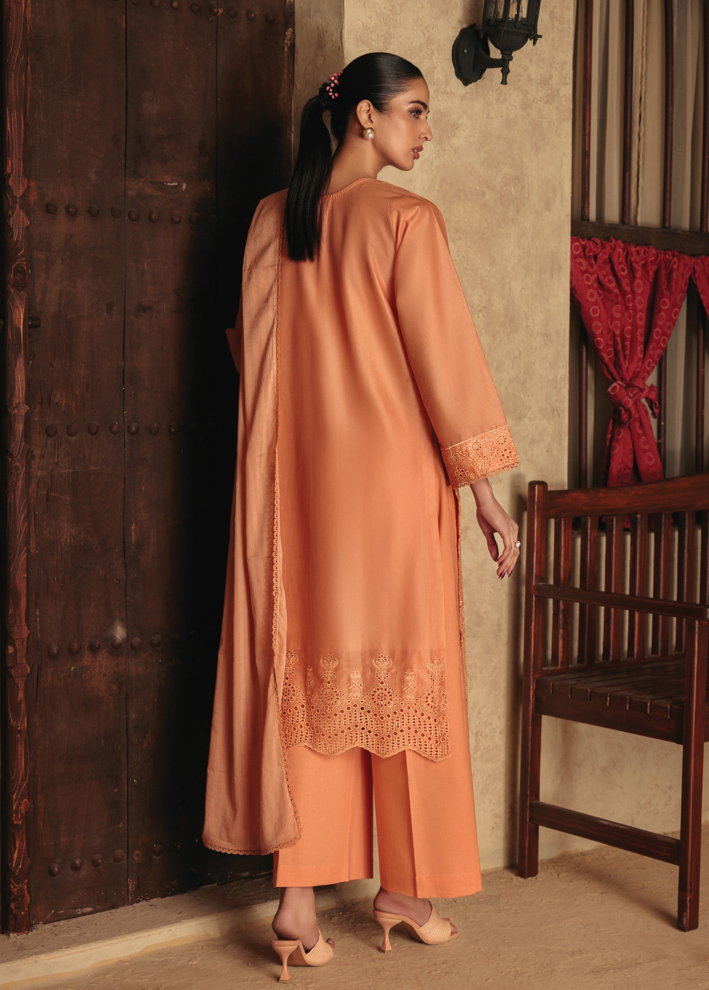lawn Kurta Set in Coral orange
