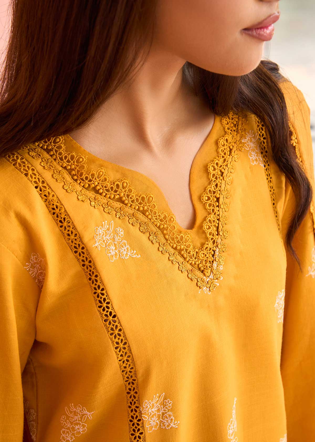 textured lawn Kurta Set in Mustard