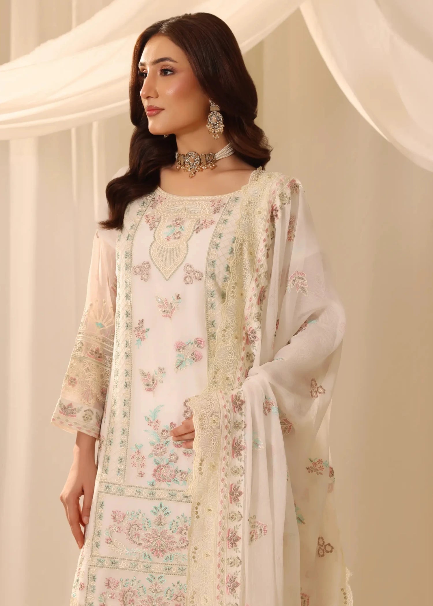 chiffon Kurta Set in Ivory