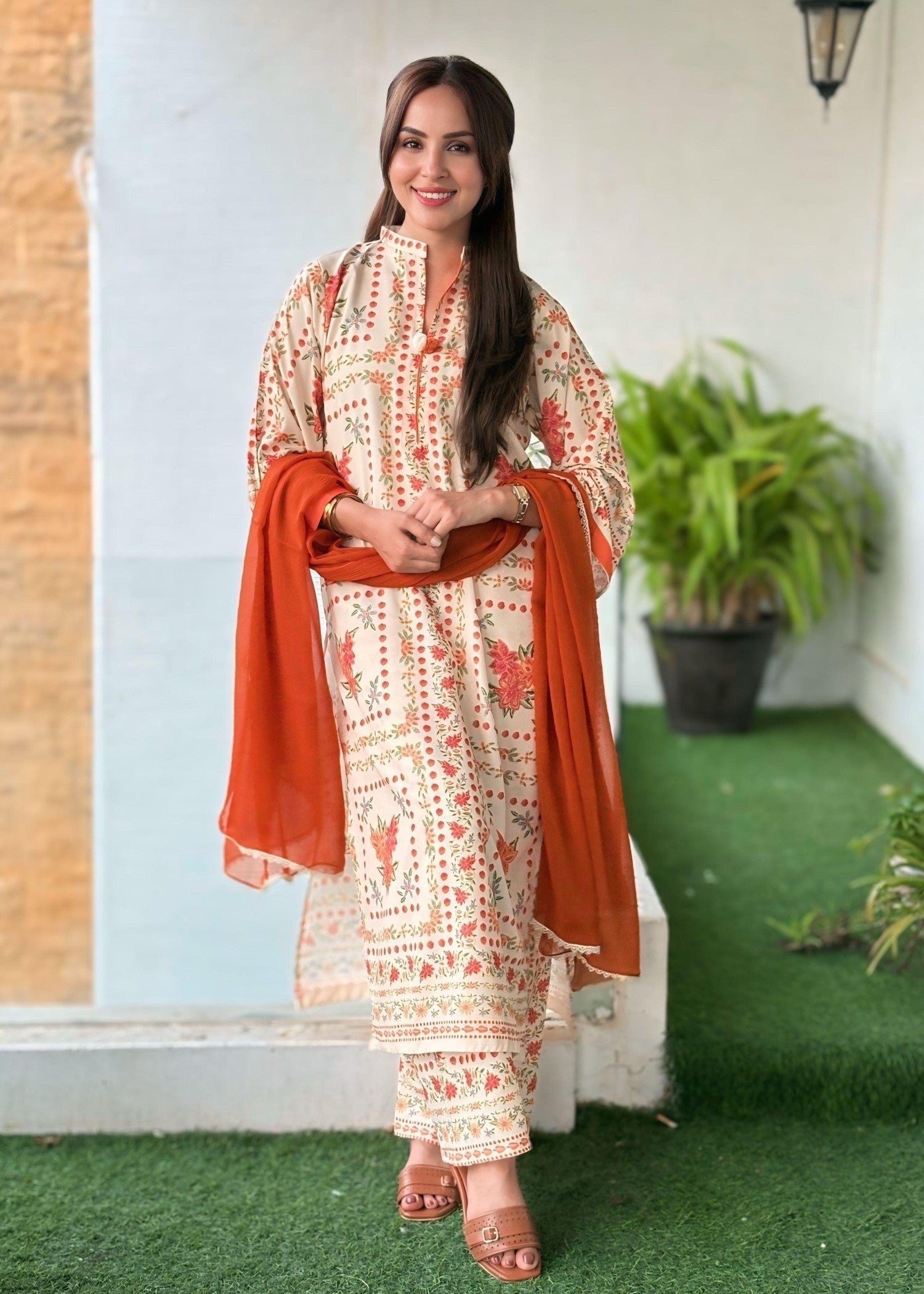blended khaddar Co Ord Sets in Orange, beige