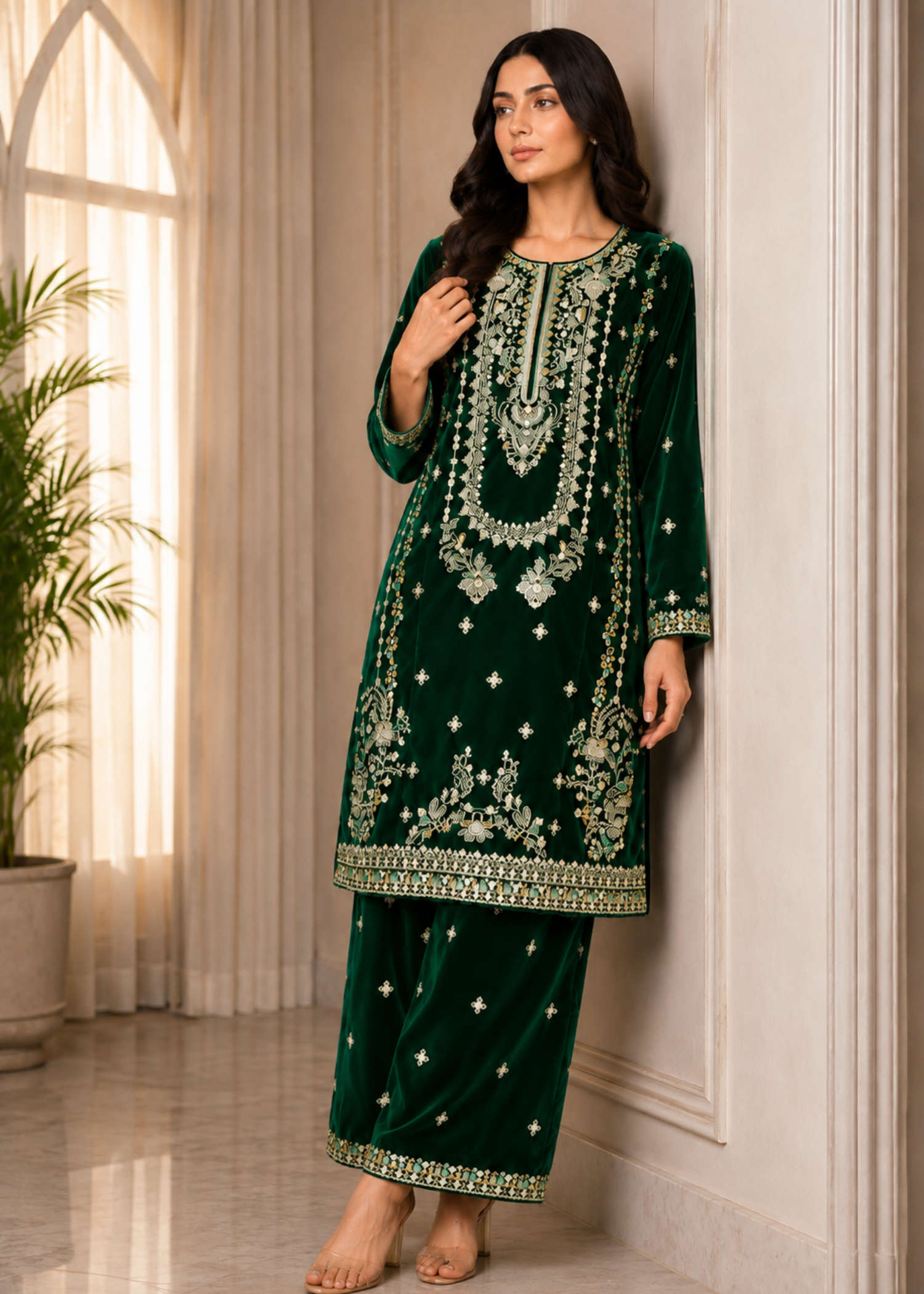 chinese micro velvet 9000 Kurta Set in Dark green