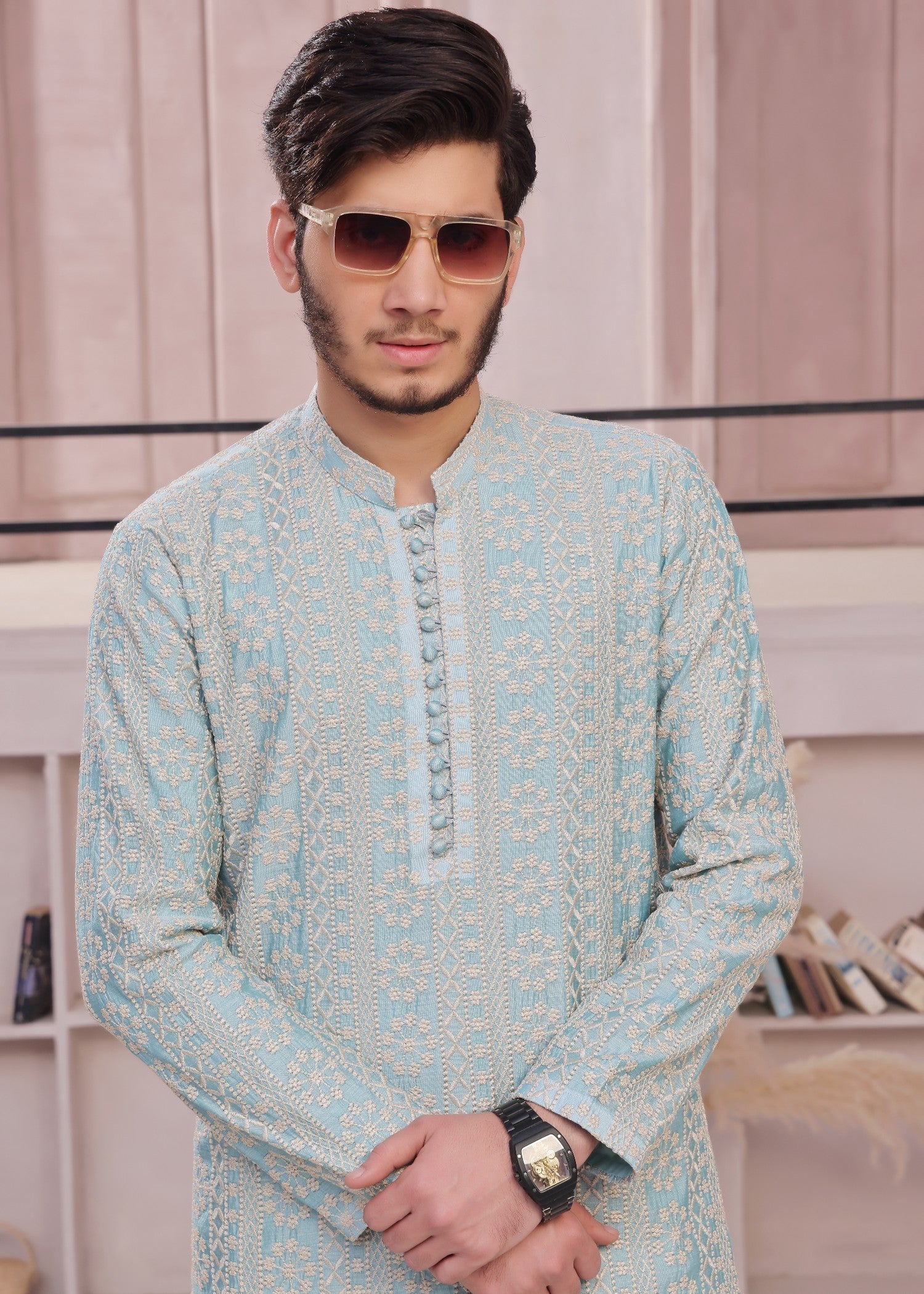 cotton silk Kurta Set in Aquamarine